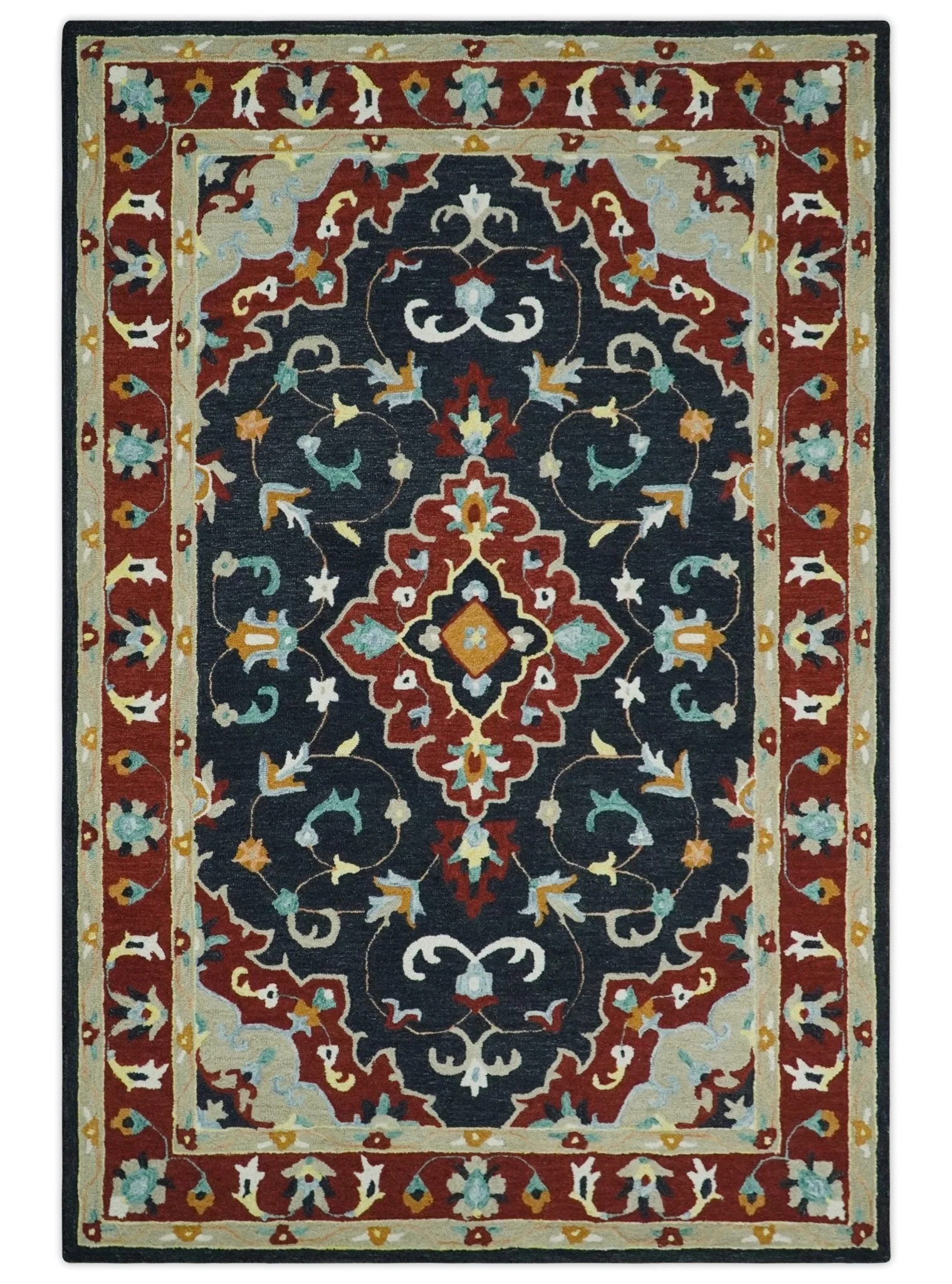 Hand Tufted Black, Rust and Beige Persian Style Antique Oriental Wool Area Rug - Image 14
