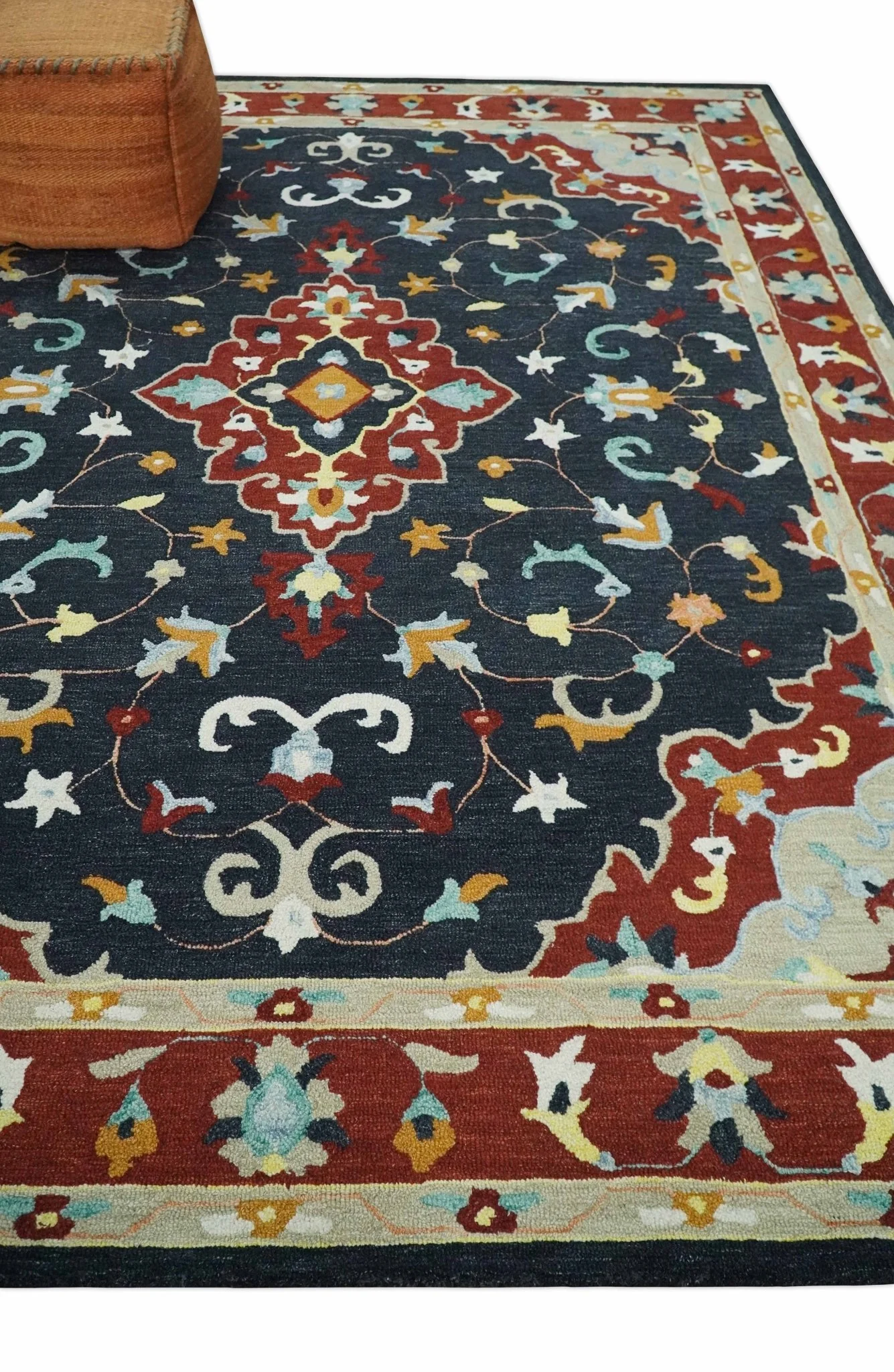 Hand Tufted Black, Rust and Beige Persian Style Antique Oriental Wool Area Rug - Image 3