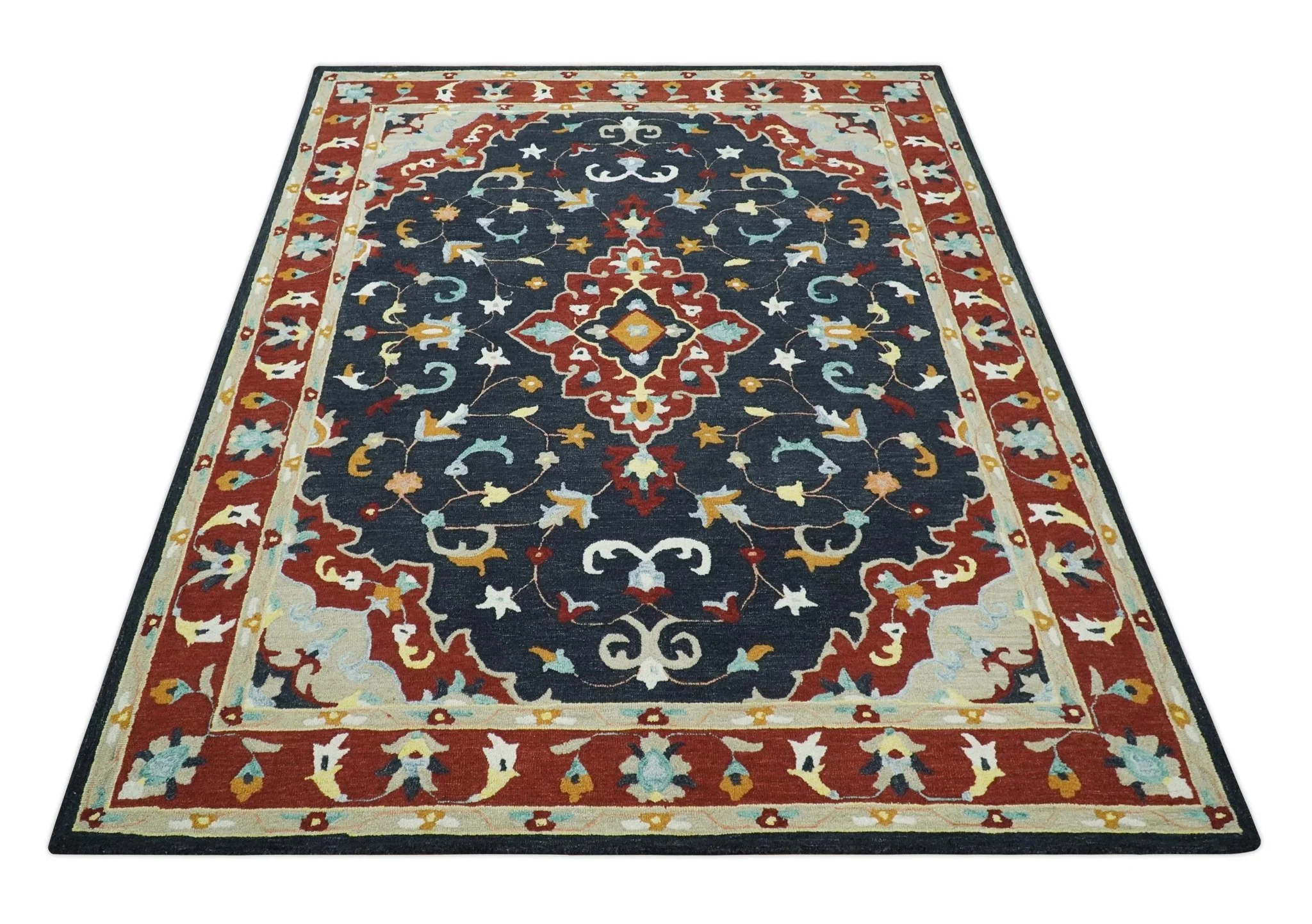 Hand Tufted Black, Rust and Beige Persian Style Antique Oriental Wool Area Rug - Image 9