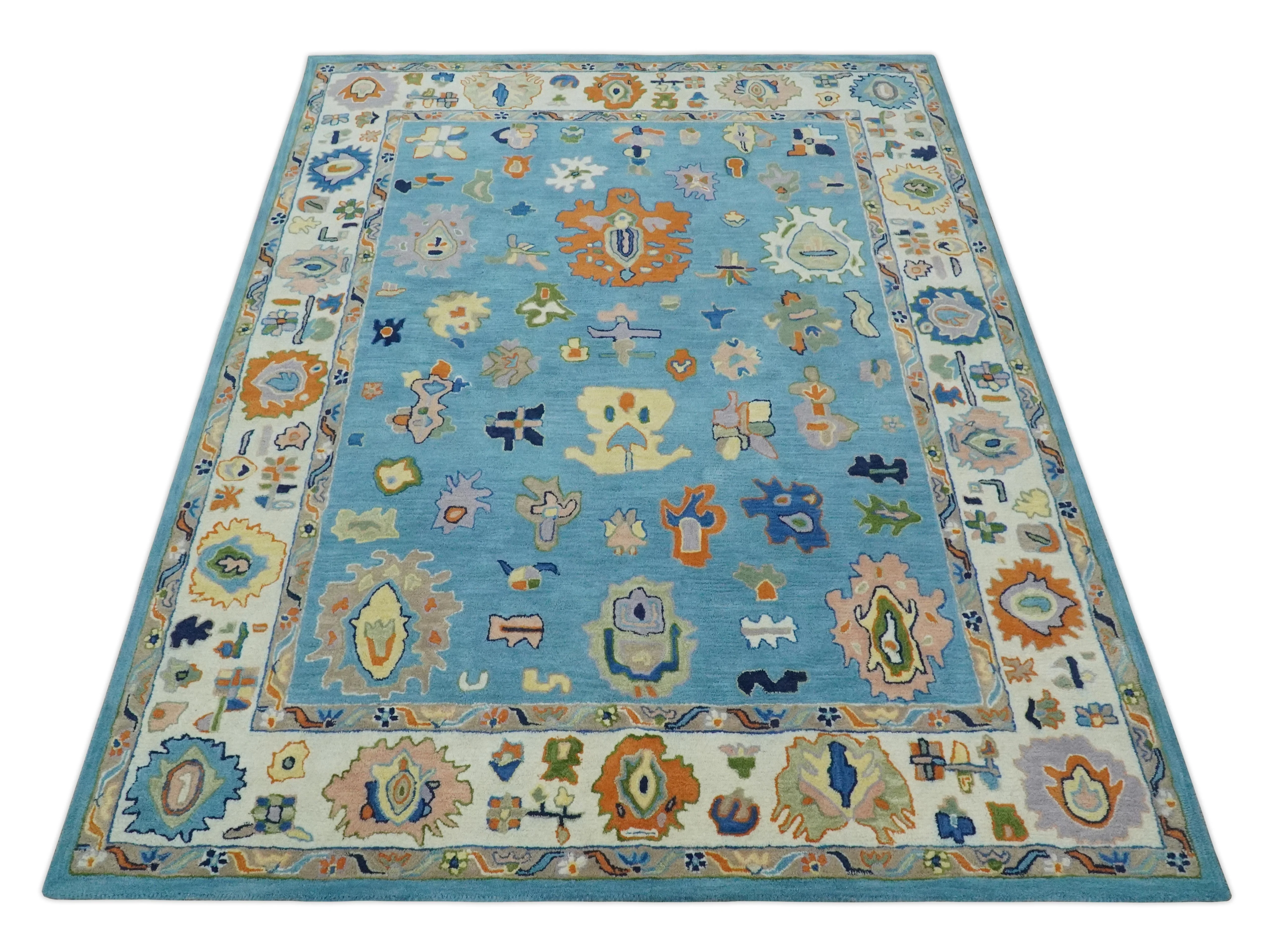 Hand Tufted Blue and Ivory Multi Size Modern Colorful Oushak Rug, Kids, Living Room and Bedroom Rug - Image 4