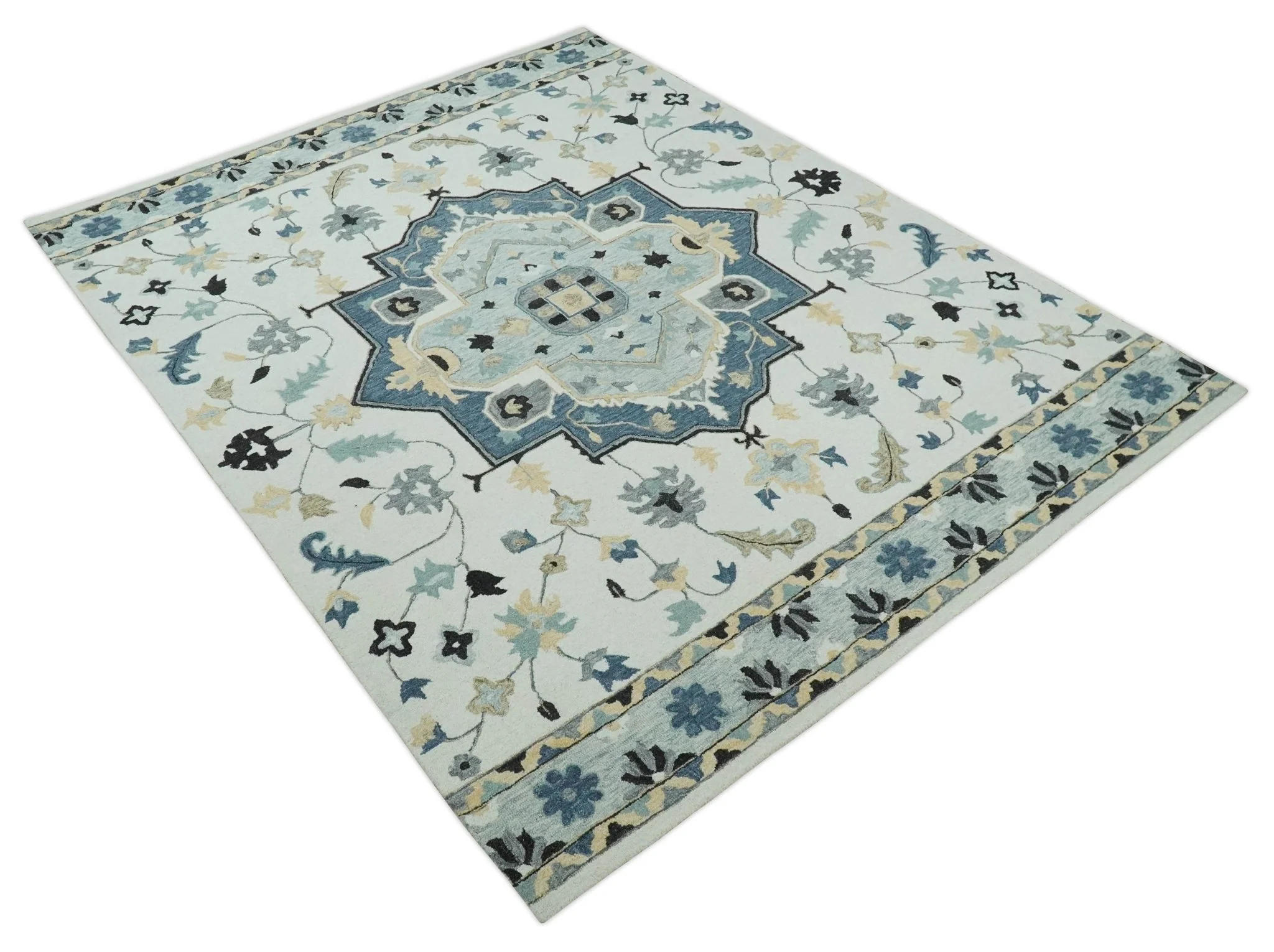 Hand Tufted Blue, Camel and Ivory Medallion Design Wool Area Rug - Image 10