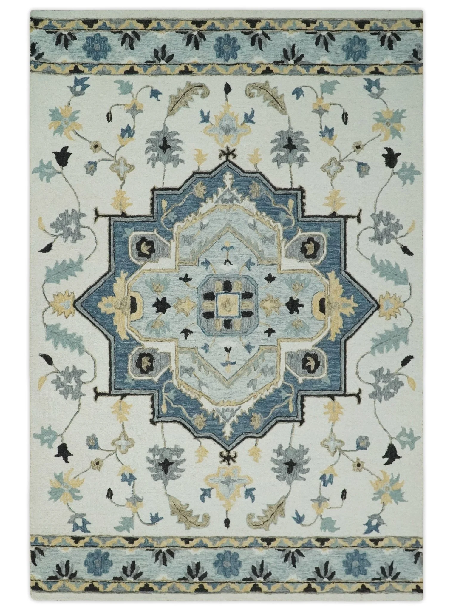 Hand Tufted Blue, Camel and Ivory Medallion Design Wool Area Rug - Image 11