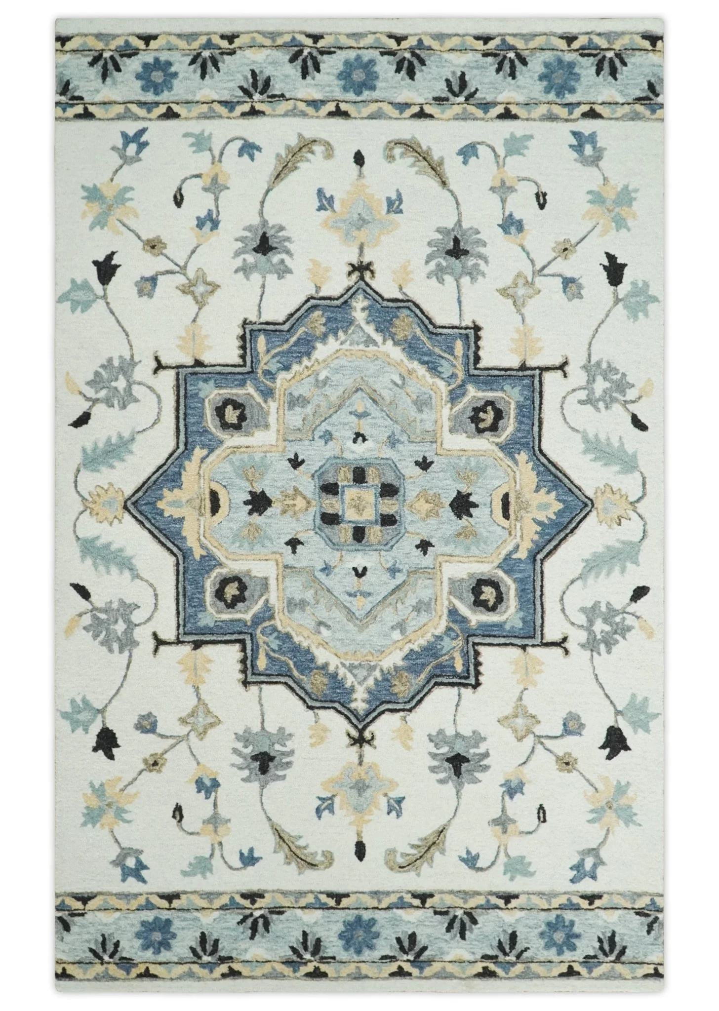 Hand Tufted Blue, Camel and Ivory Medallion Design Wool Area Rug - Image 12