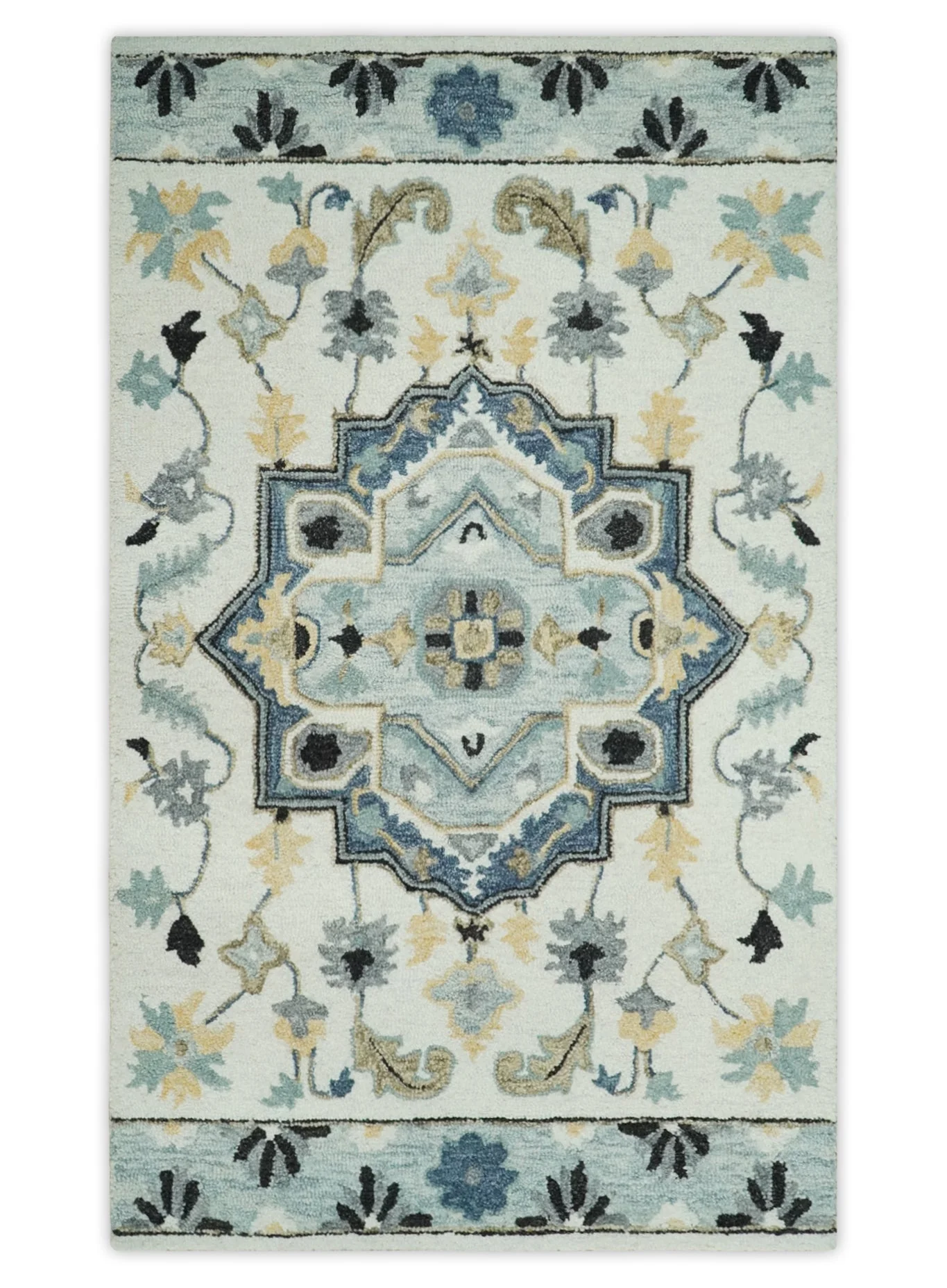 Hand Tufted Blue, Camel and Ivory Medallion Design Wool Area Rug - Image 13