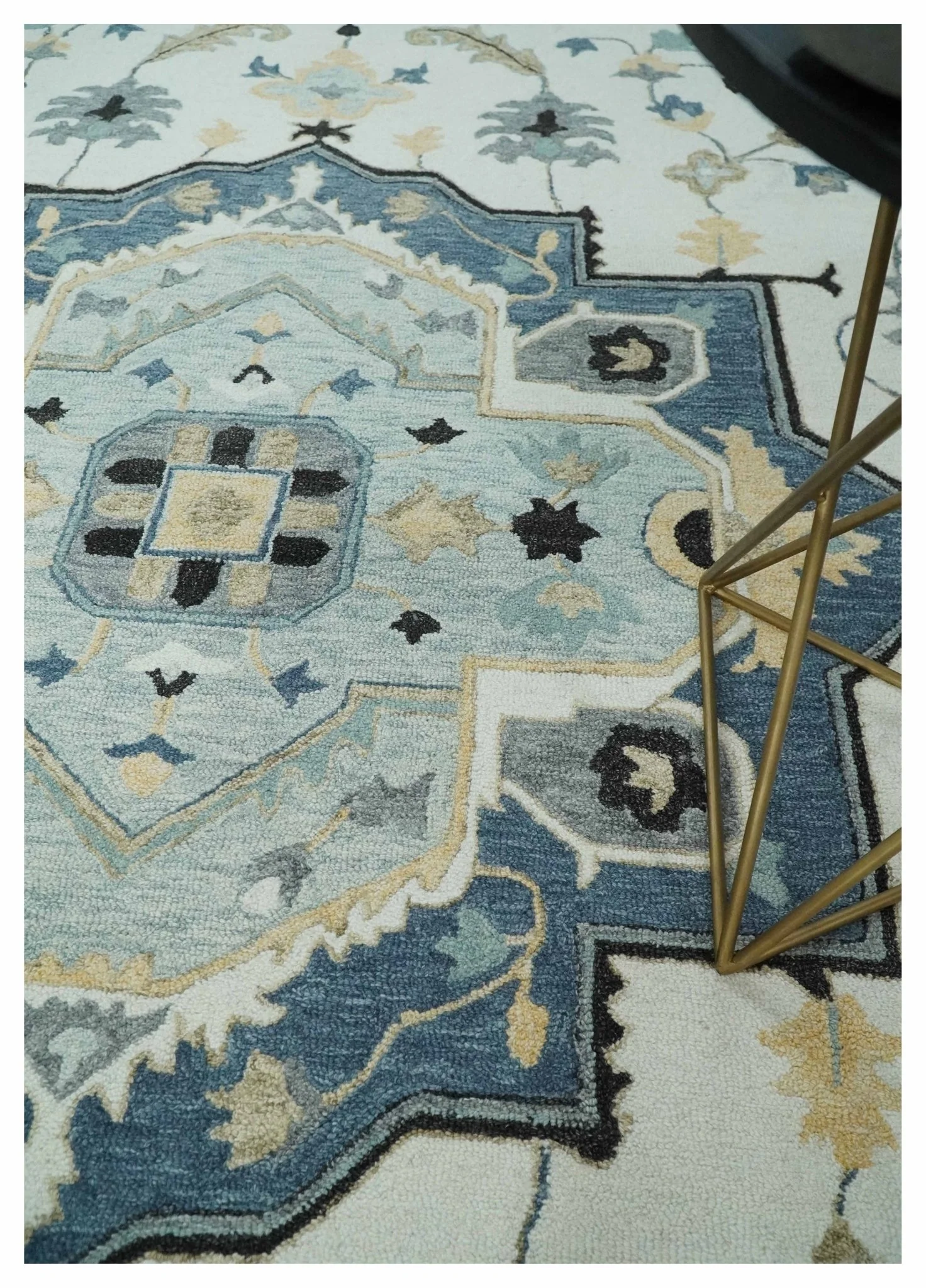 Hand Tufted Blue, Camel and Ivory Medallion Design Wool Area Rug - Image 2