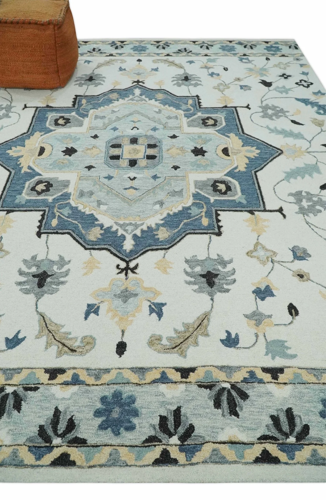 Hand Tufted Blue, Camel and Ivory Medallion Design Wool Area Rug - Image 3