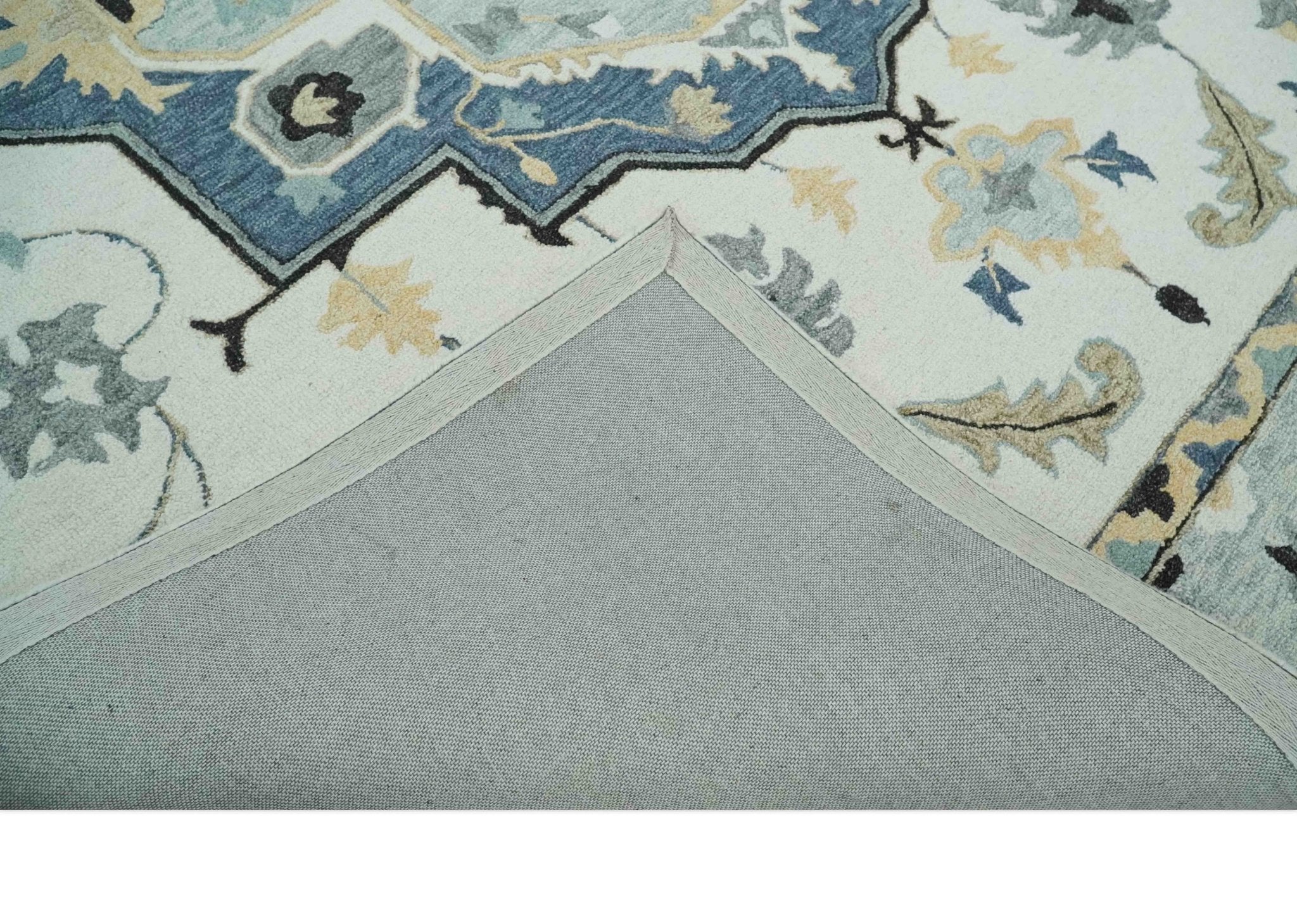 Hand Tufted Blue, Camel and Ivory Medallion Design Wool Area Rug - Image 6