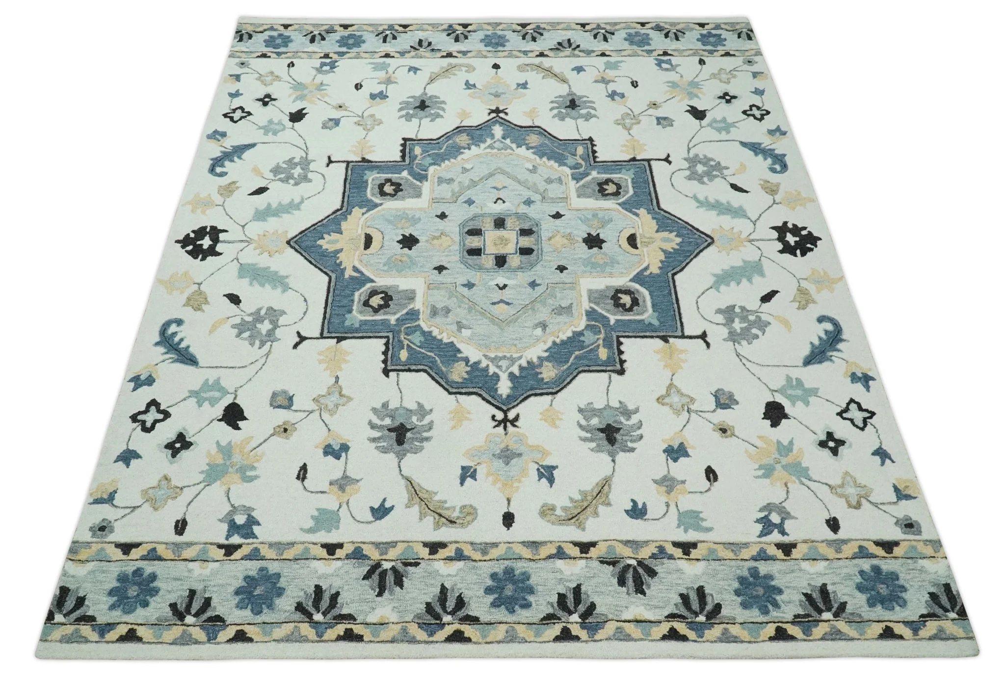 Hand Tufted Blue, Camel and Ivory Medallion Design Wool Area Rug - Image 9