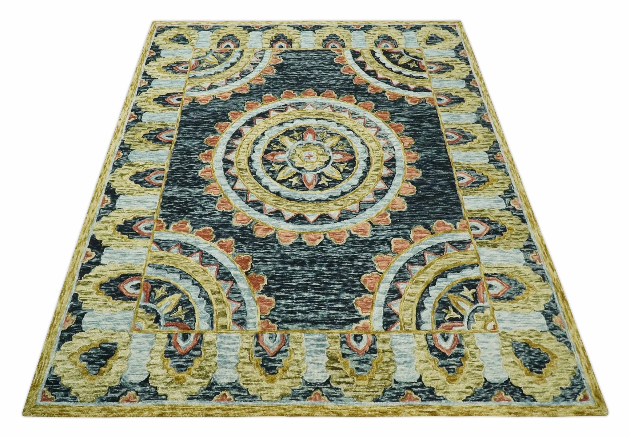 Hand Tufted Blue, Rust and Moss Gold Colorful Wool Area Rug - Image 10