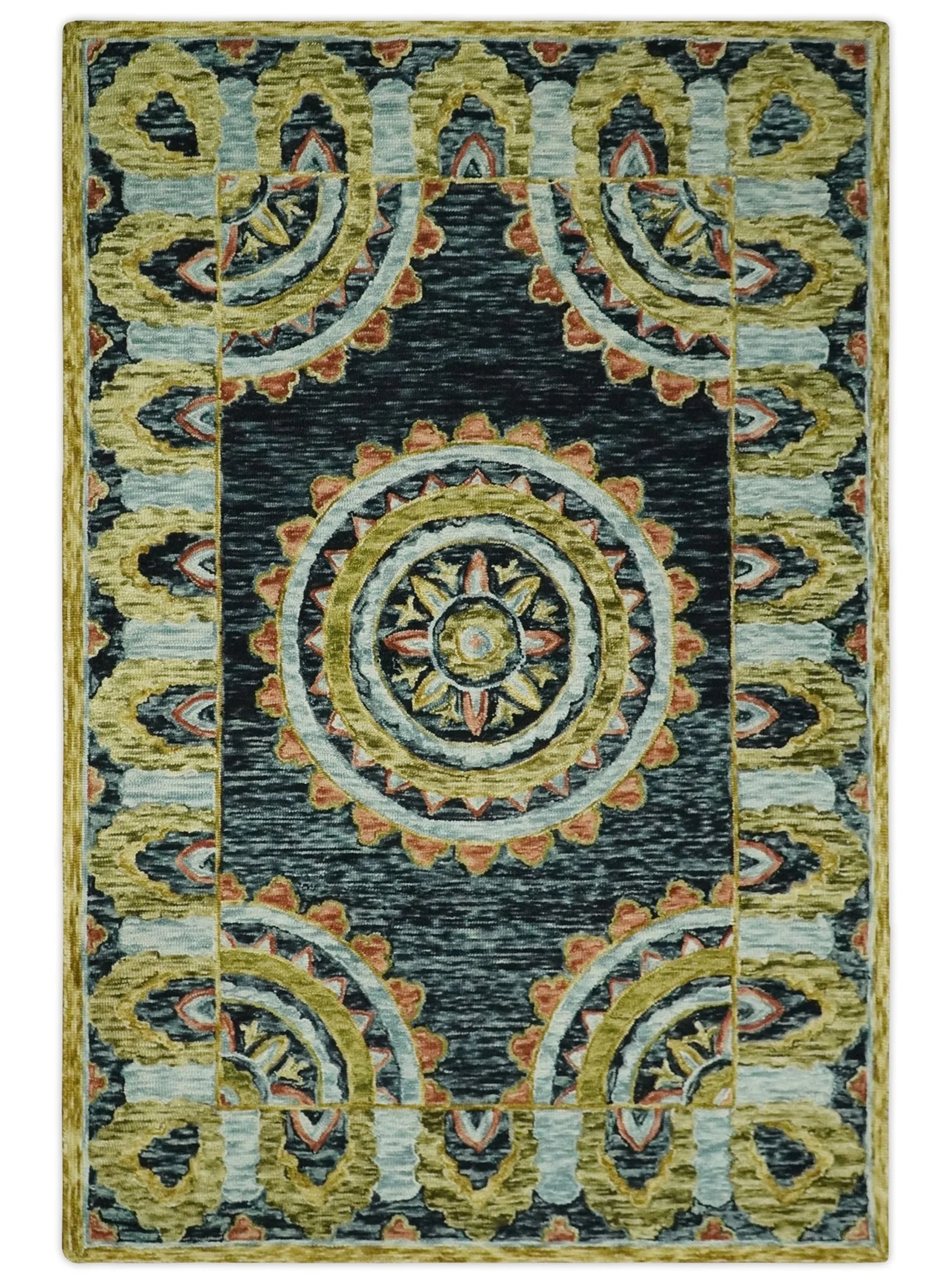 Hand Tufted Blue, Rust and Moss Gold Colorful Wool Area Rug - Image 11