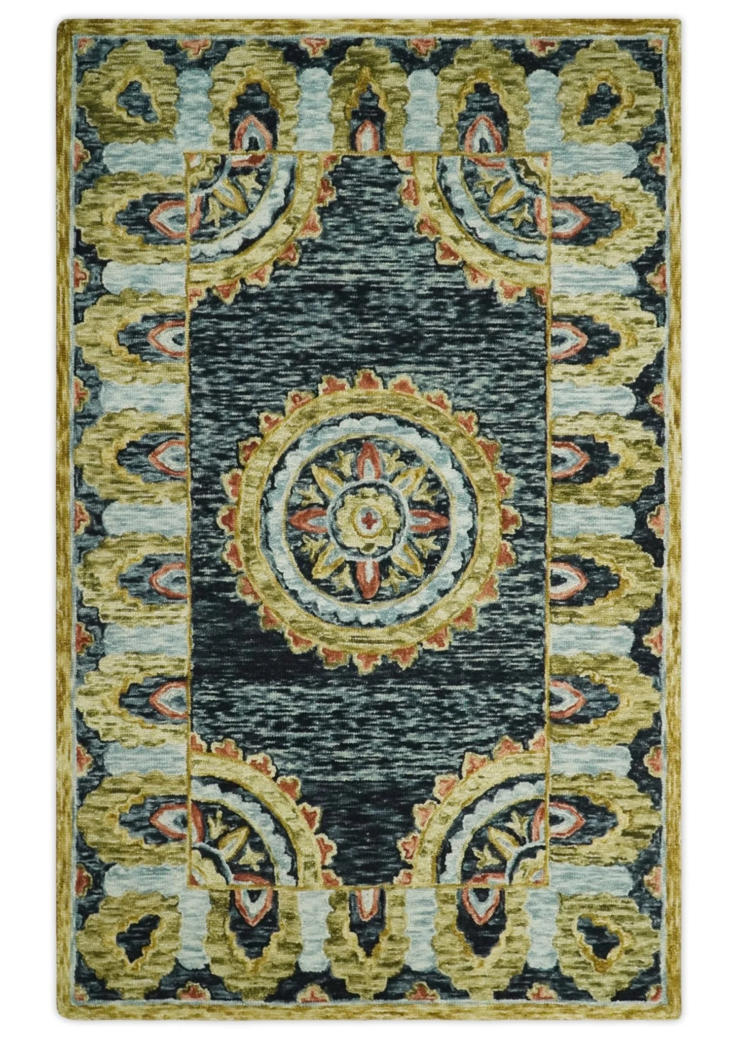 Hand Tufted Blue, Rust and Moss Gold Colorful Wool Area Rug - Image 12