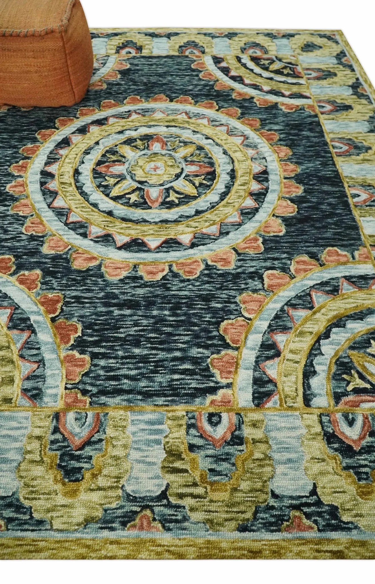Hand Tufted Blue, Rust and Moss Gold Colorful Wool Area Rug - Image 3