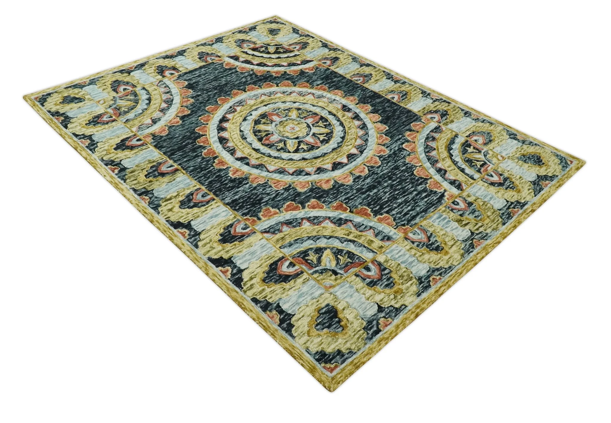 Hand Tufted Blue, Rust and Moss Gold Colorful Wool Area Rug - Image 9