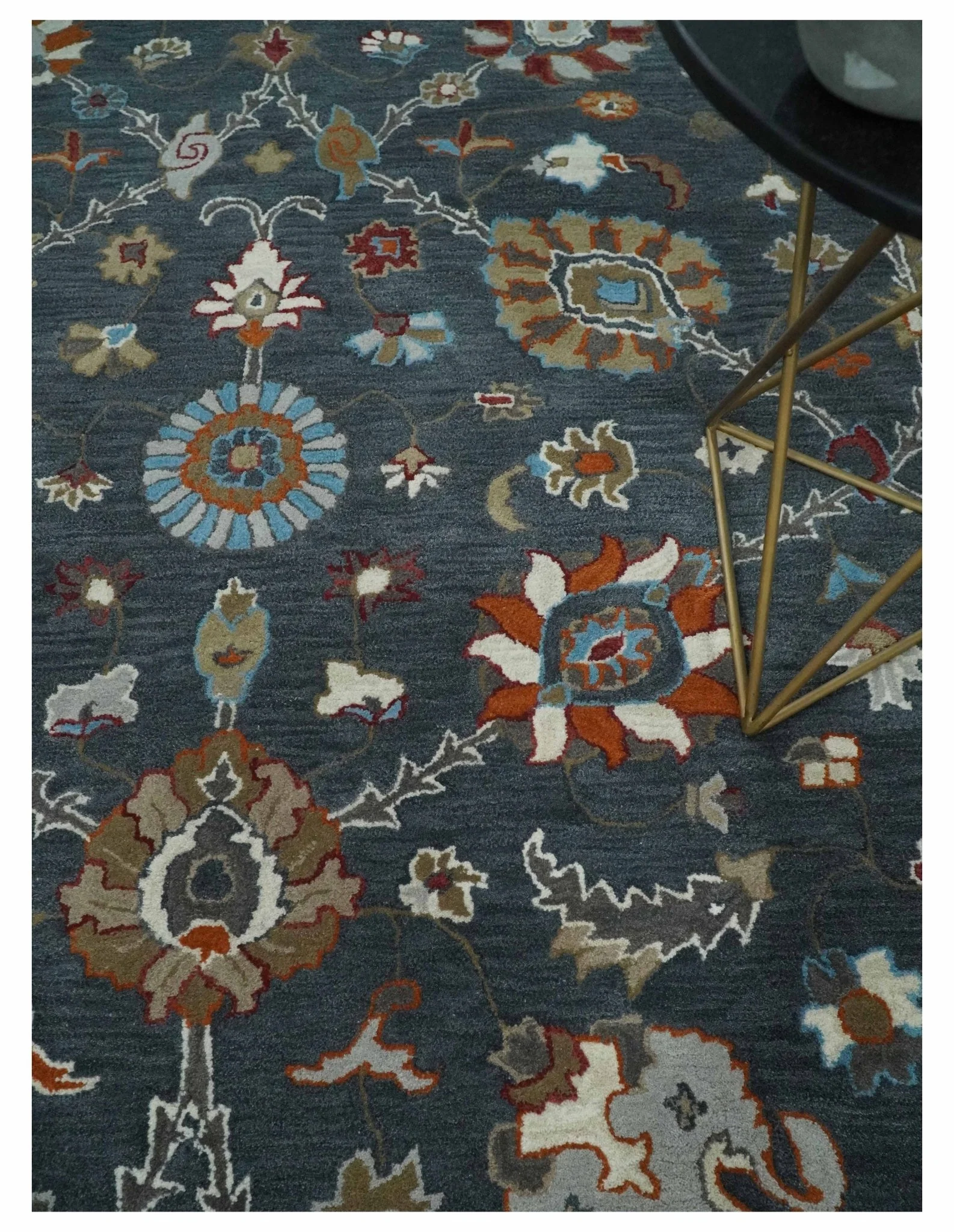 Antique Floral Hand Tufted Charcoal and Silver vintage Style colorful Traditional Oushak Multi Size wool Area Rug, Kids, Living Room and Bedroom Rug - Image 2