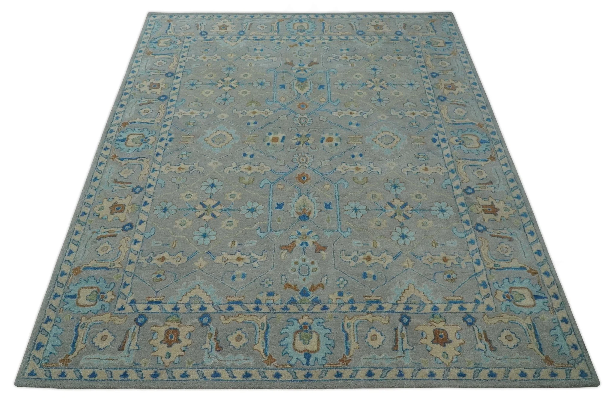 Hand Tufted Gray, Beige and Accent Blue Multi Size 8x10 Traditional Herati Design Wool Rug - Image 10