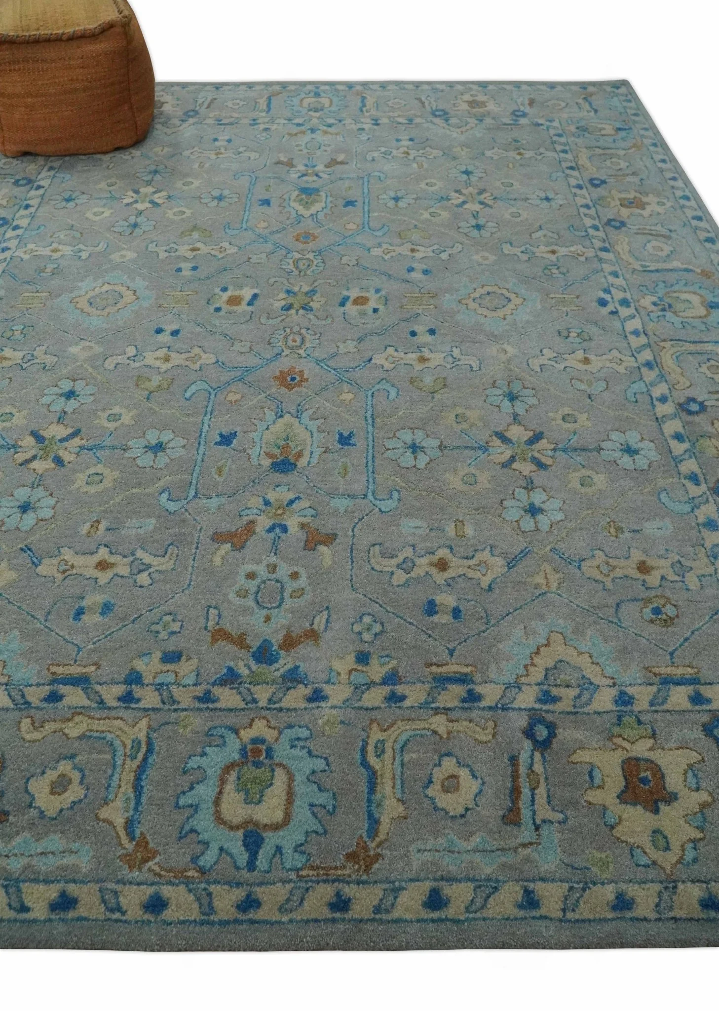 Hand Tufted Gray, Beige and Accent Blue Multi Size 8x10 Traditional Herati Design Wool Rug - Image 3