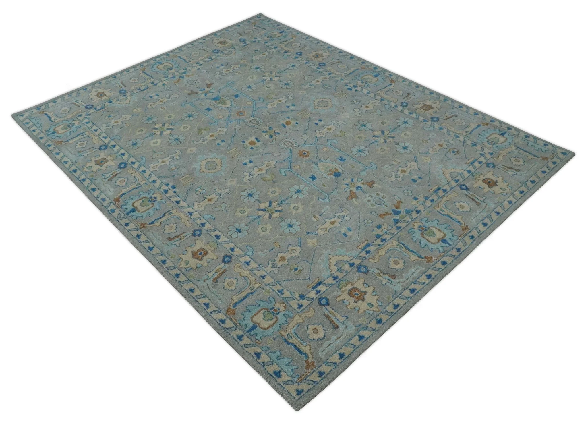 Hand Tufted Gray, Beige and Accent Blue Multi Size 8x10 Traditional Herati Design Wool Rug - Image 9