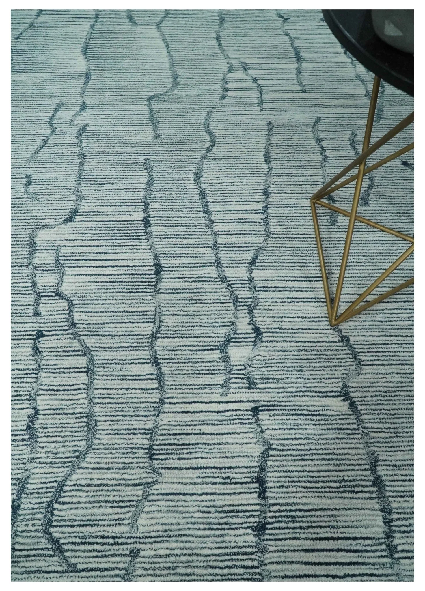 Custom Made Hand Tufted Multi Size Woolen Modern Ivory and Blue Area Rug - Image 2