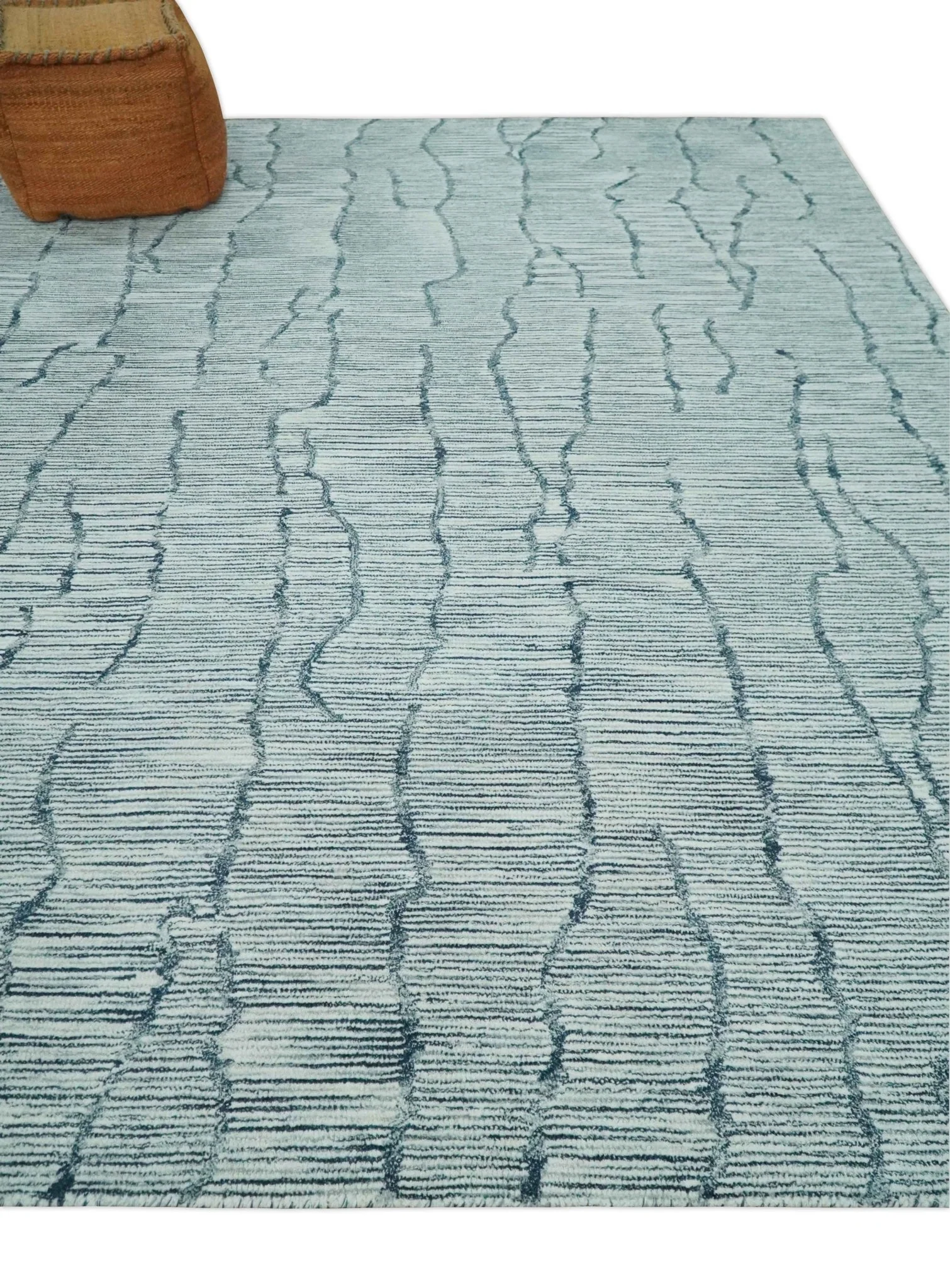 Custom Made Hand Tufted Multi Size Woolen Modern Ivory and Blue Area Rug - Image 3