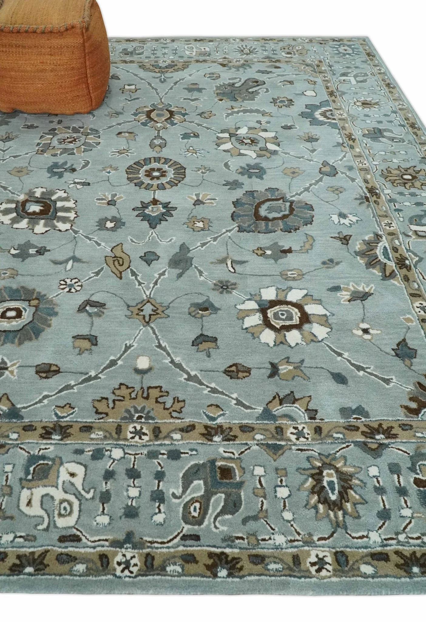 Light Blue, Beige and Gray Traditional Oriental Oushak Hand Tufted Custom Made wool Area Rug - Image 3