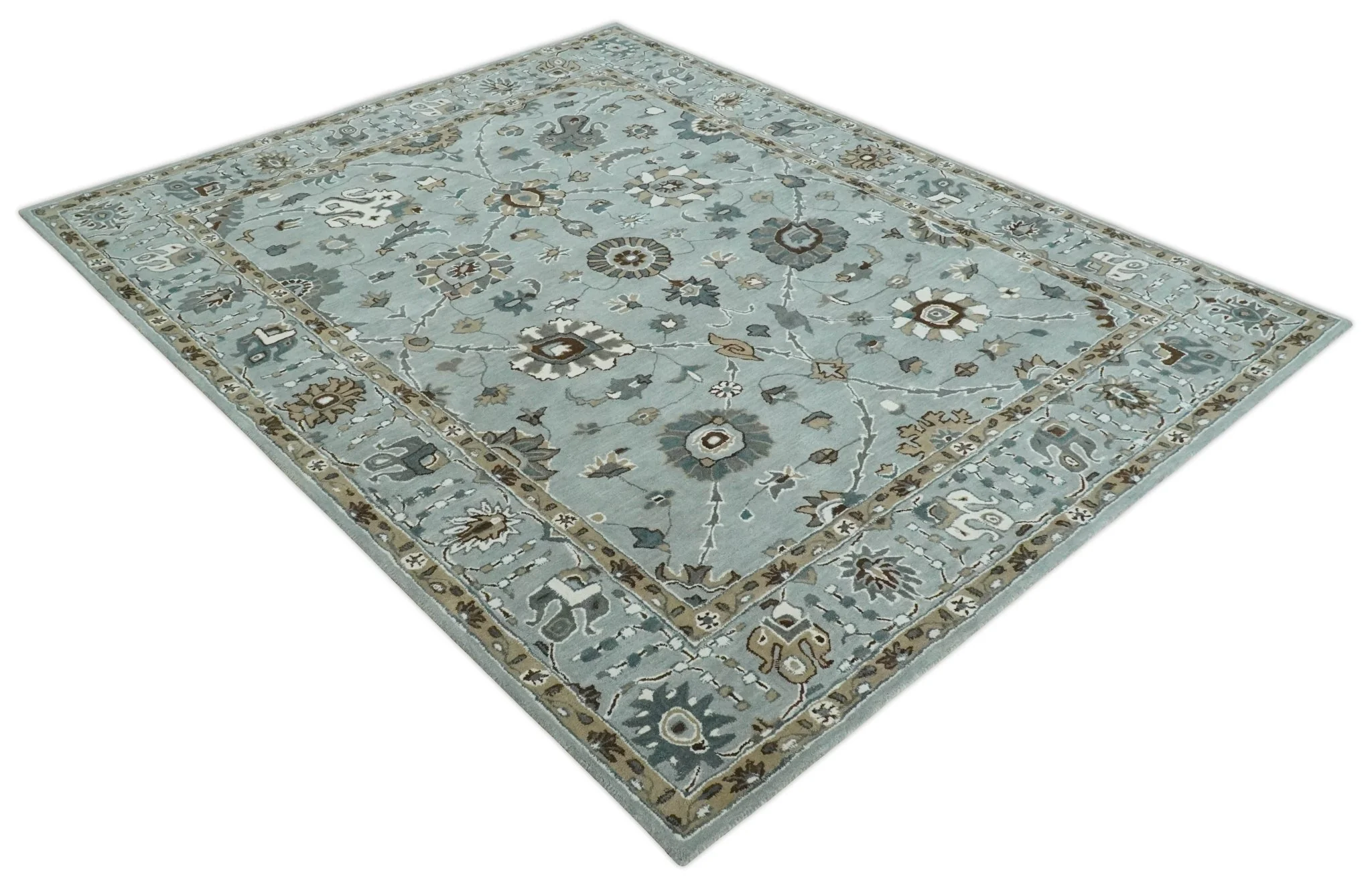 Light Blue, Beige and Gray Traditional Oriental Oushak Hand Tufted Custom Made wool Area Rug - Image 4