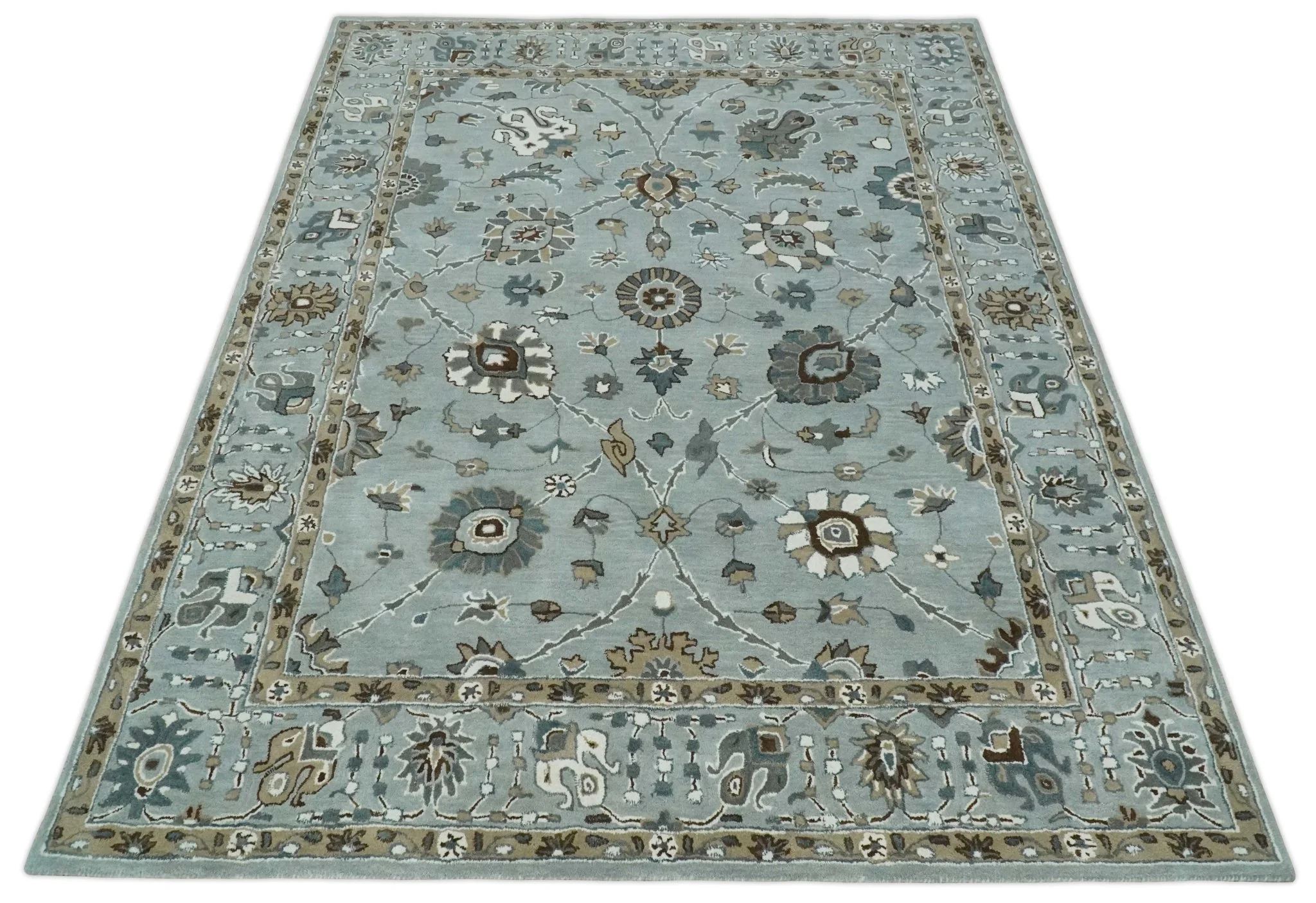 Light Blue, Beige and Gray Traditional Oriental Oushak Hand Tufted Custom Made wool Area Rug - Image 5