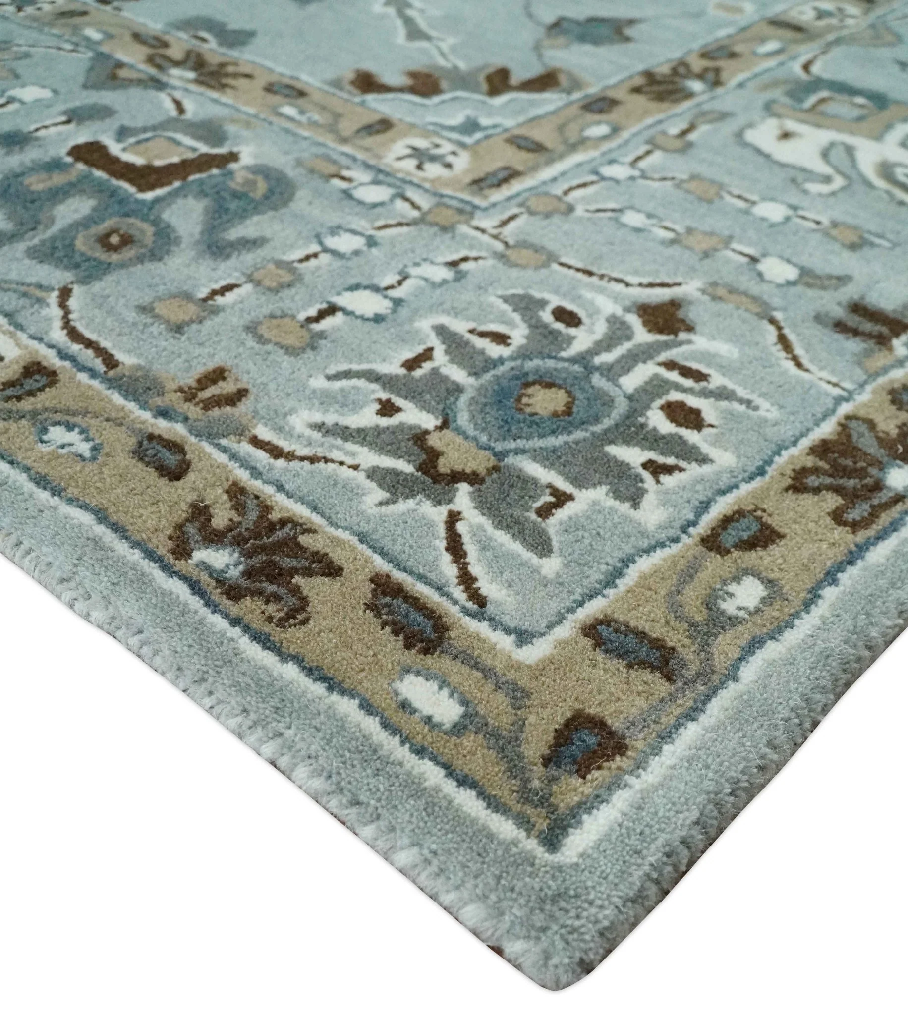 Light Blue, Beige and Gray Traditional Oriental Oushak Hand Tufted Custom Made wool Area Rug - Image 9