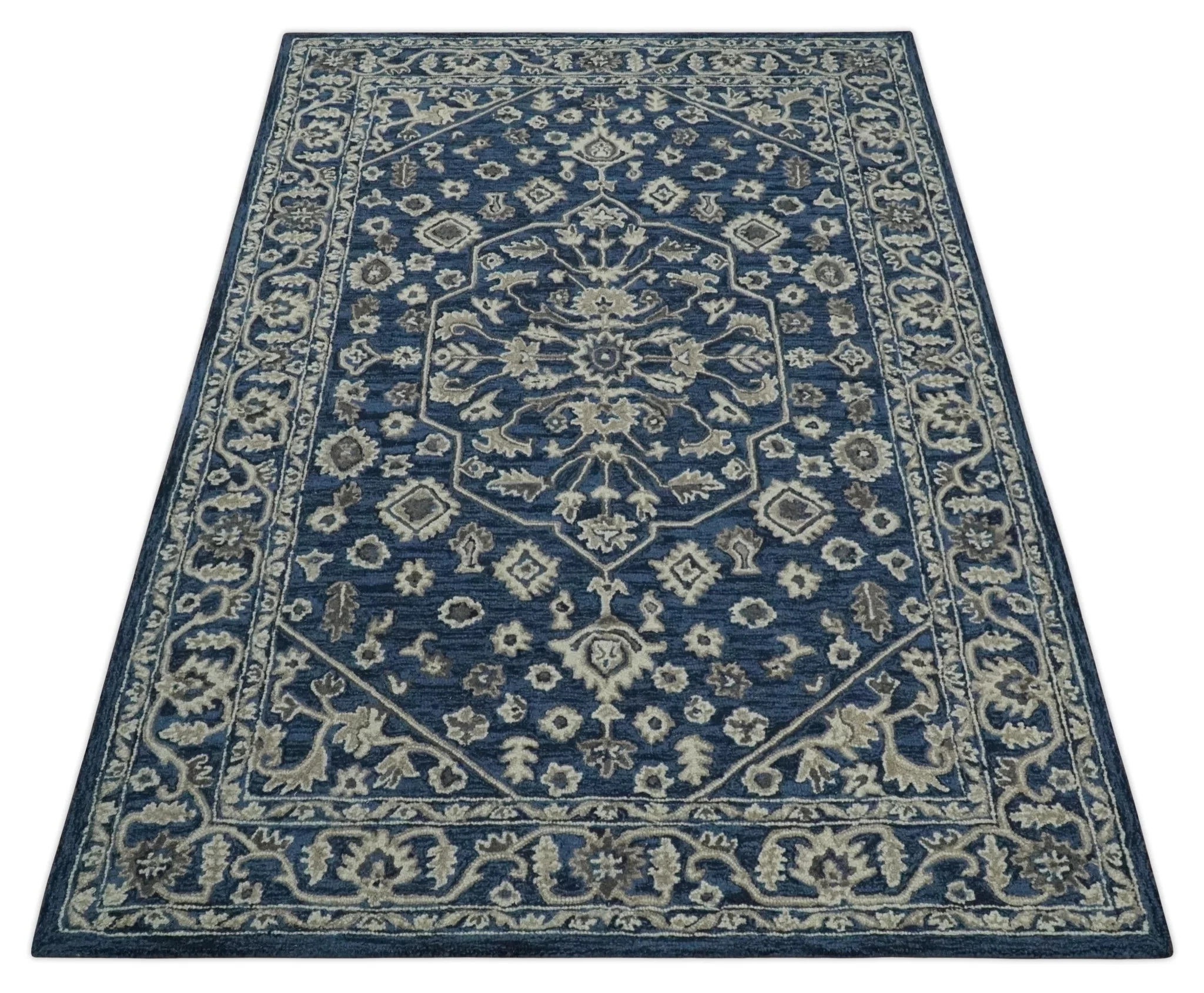 Hand Tufted Blue, Beige and Ivory 5x8 Heriz Serapi style Rug, Kids, Living Room and Bedroom Rug | TRD644158S - Image 10