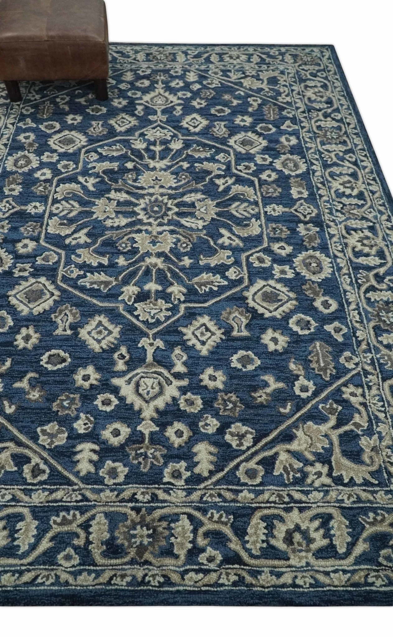 Hand Tufted Blue, Beige and Ivory 5x8 Heriz Serapi style Rug, Kids, Living Room and Bedroom Rug | TRD644158S - Image 3
