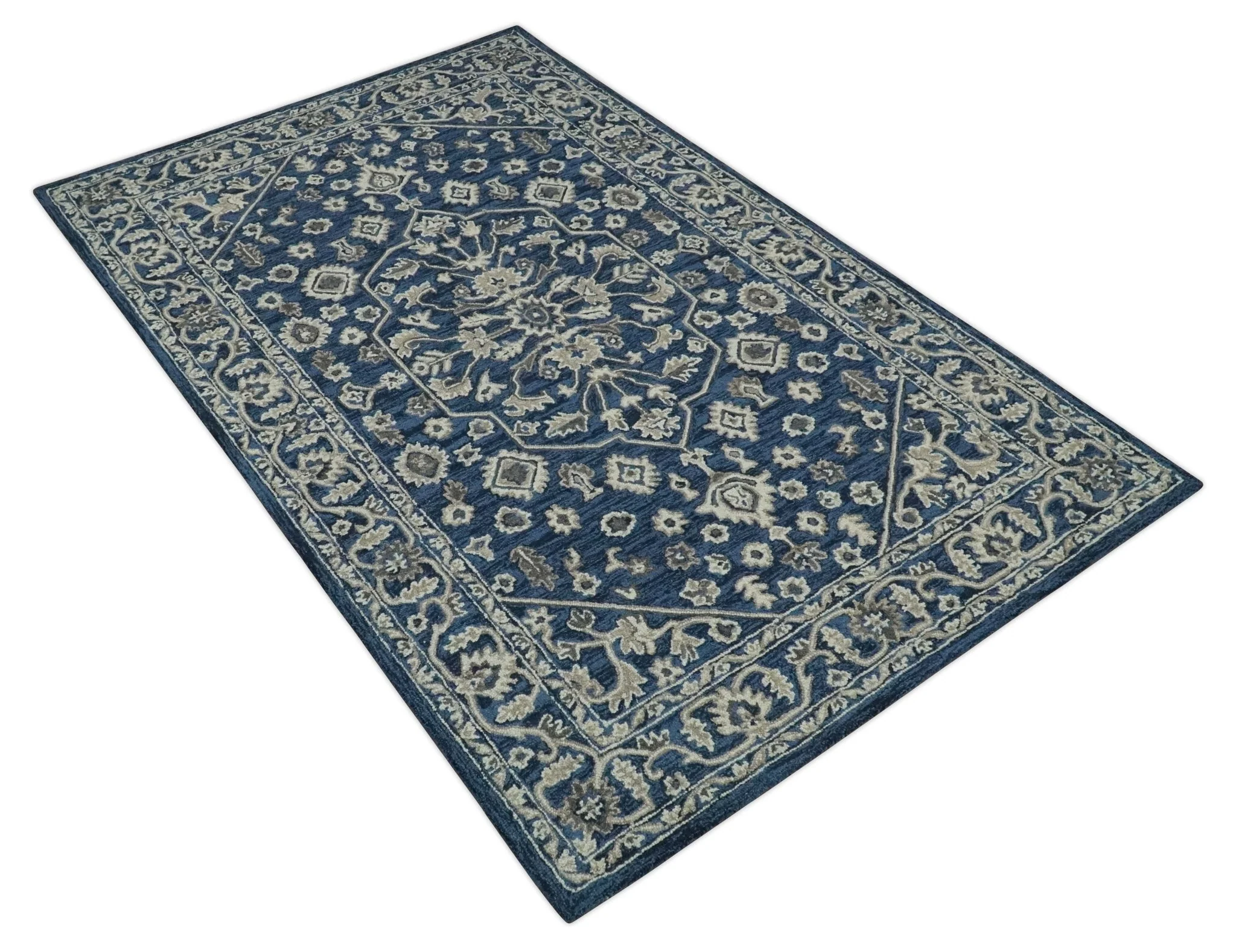 Hand Tufted Blue, Beige and Ivory 5x8 Heriz Serapi style Rug, Kids, Living Room and Bedroom Rug | TRD644158S - Image 9