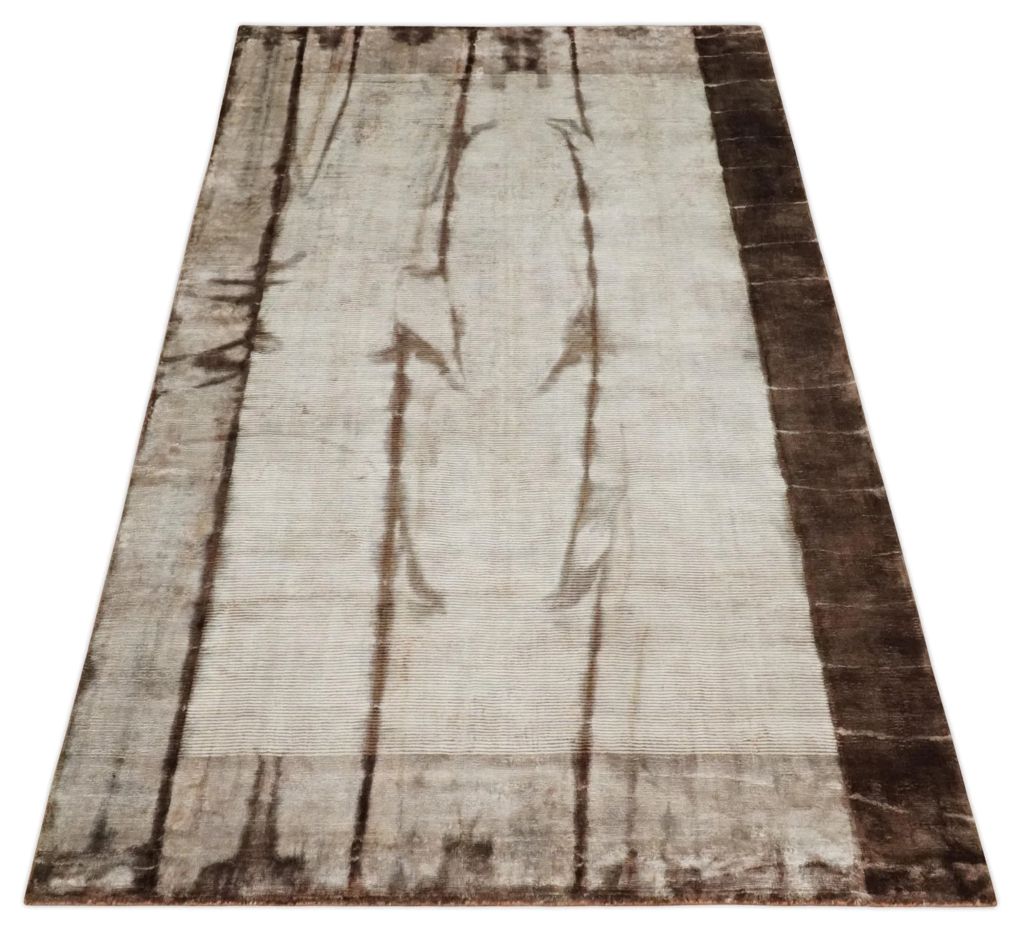 5x8 Hand Woven and Carved Silver and Brown Floral Art Silk Rug | KNT3 - Image 10