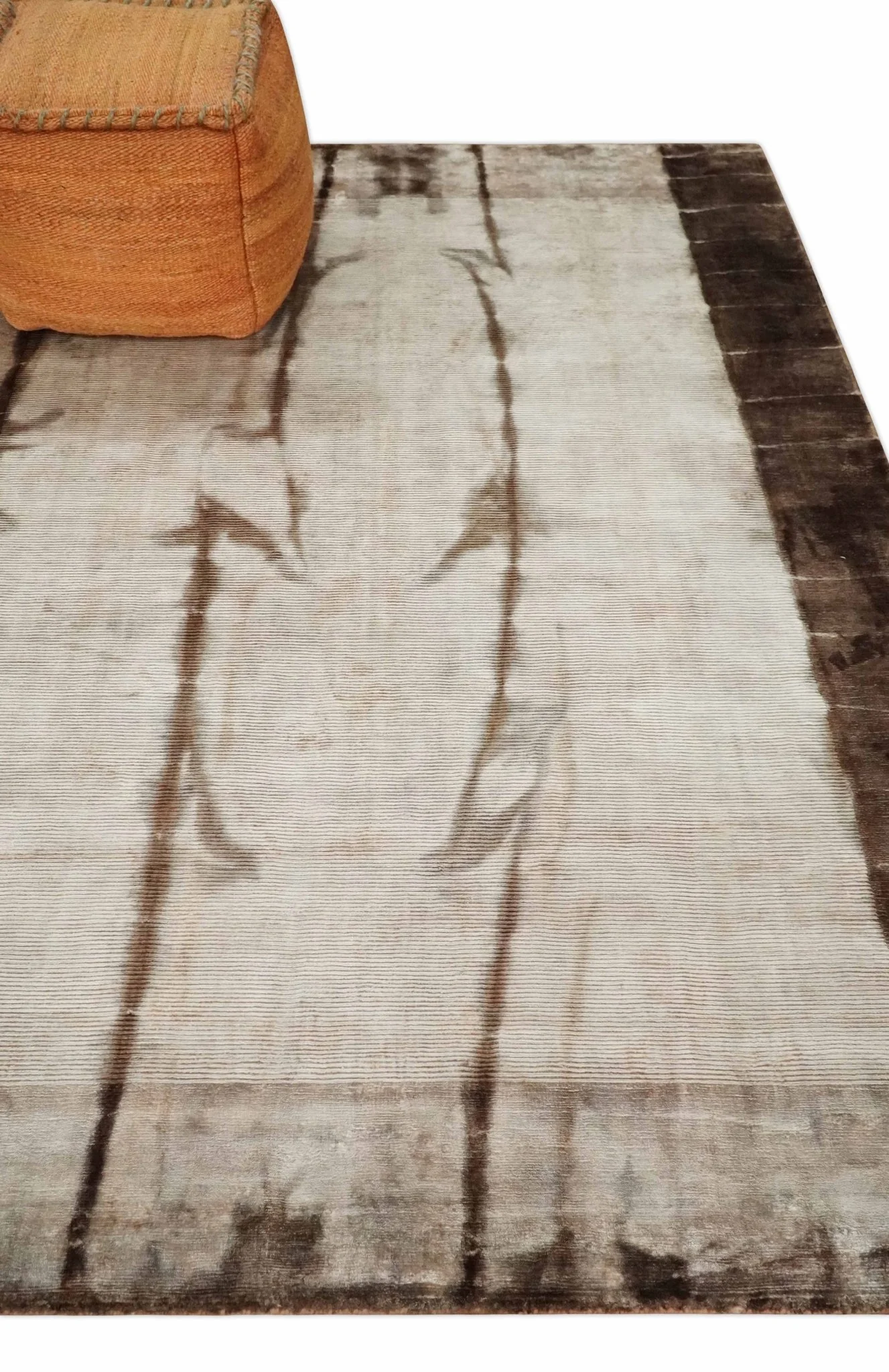 5x8 Hand Woven and Carved Silver and Brown Floral Art Silk Rug | KNT3 - Image 2