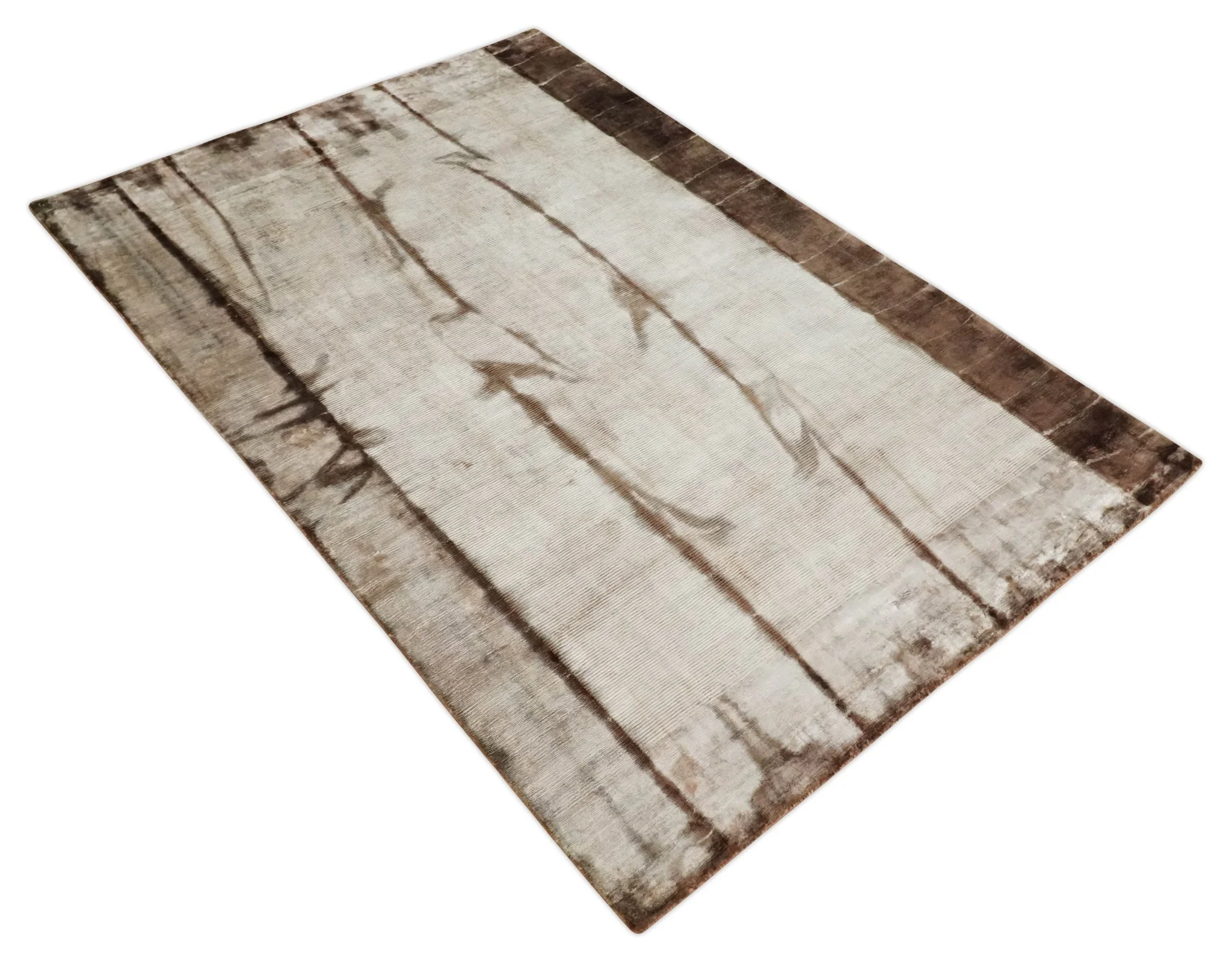 5x8 Hand Woven and Carved Silver and Brown Floral Art Silk Rug | KNT3 - Image 9