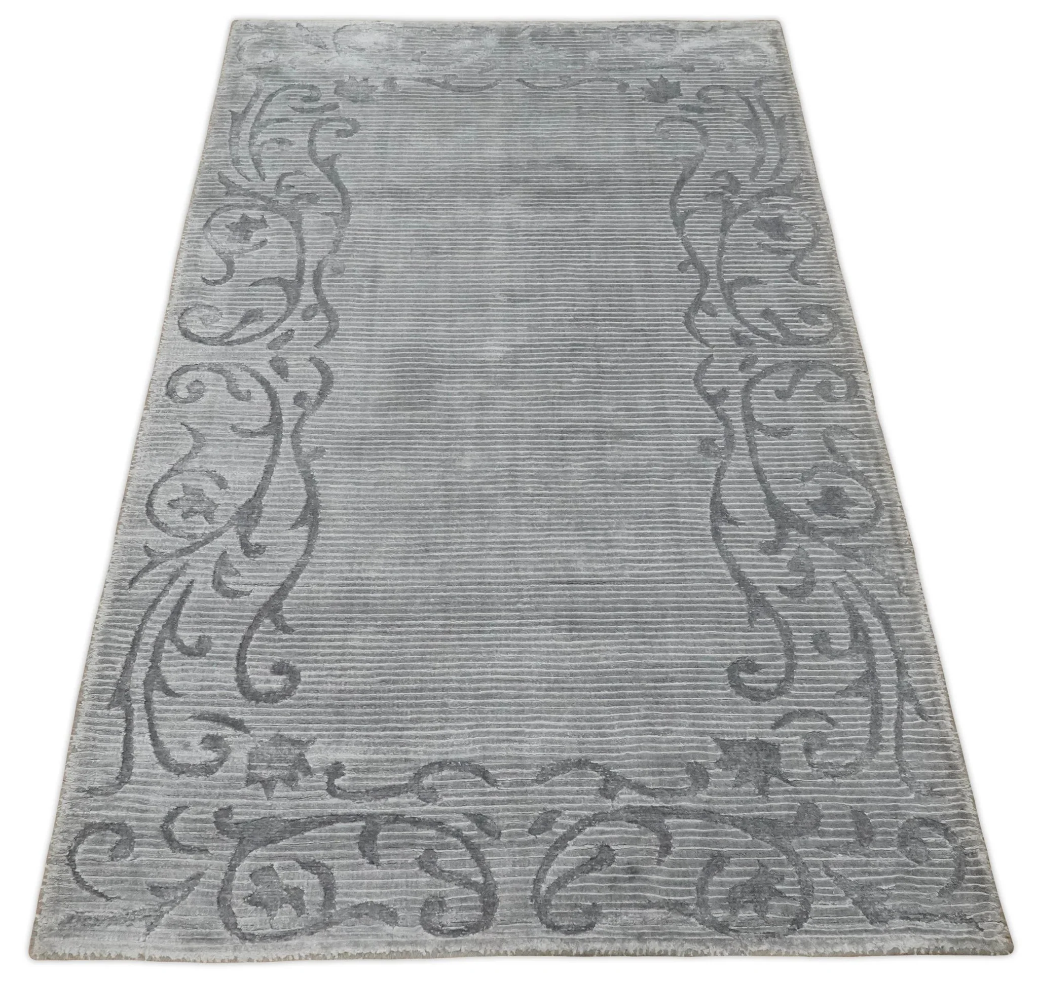 3x5 Hand Woven and Carved Silver and Gray Floral Art Silk Rug | KNT10 - Image 7