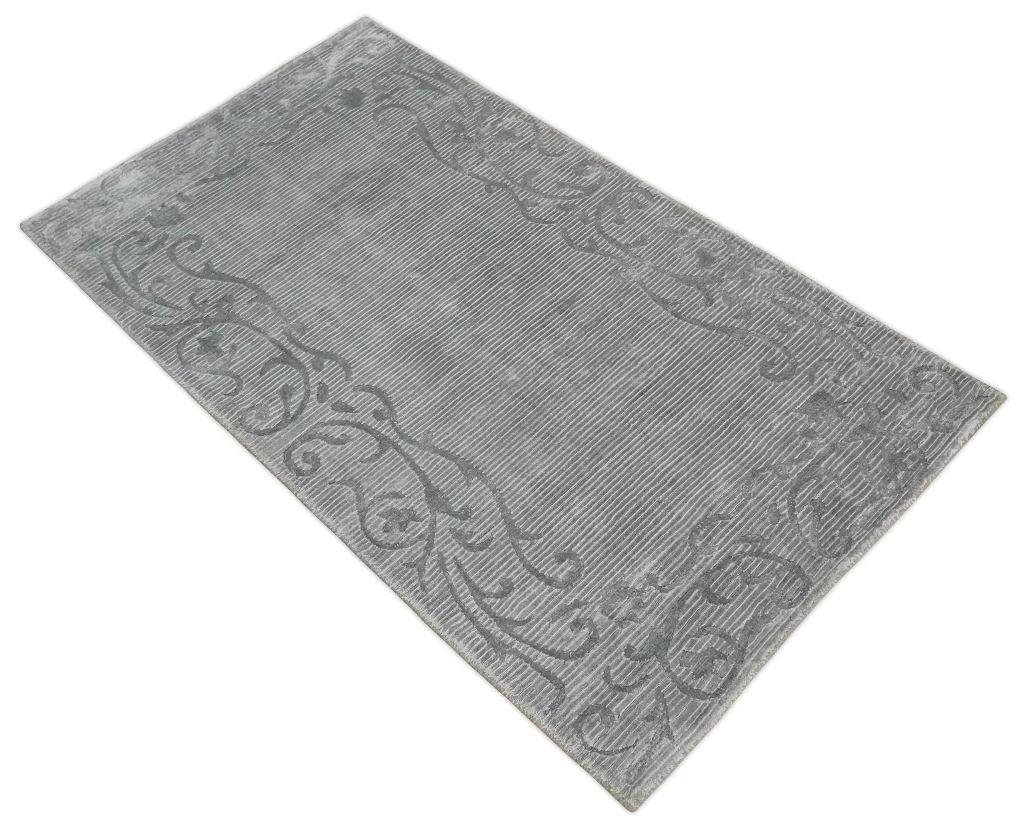 3x5 Hand Woven and Carved Silver and Gray Floral Art Silk Rug | KNT10 - Image 8