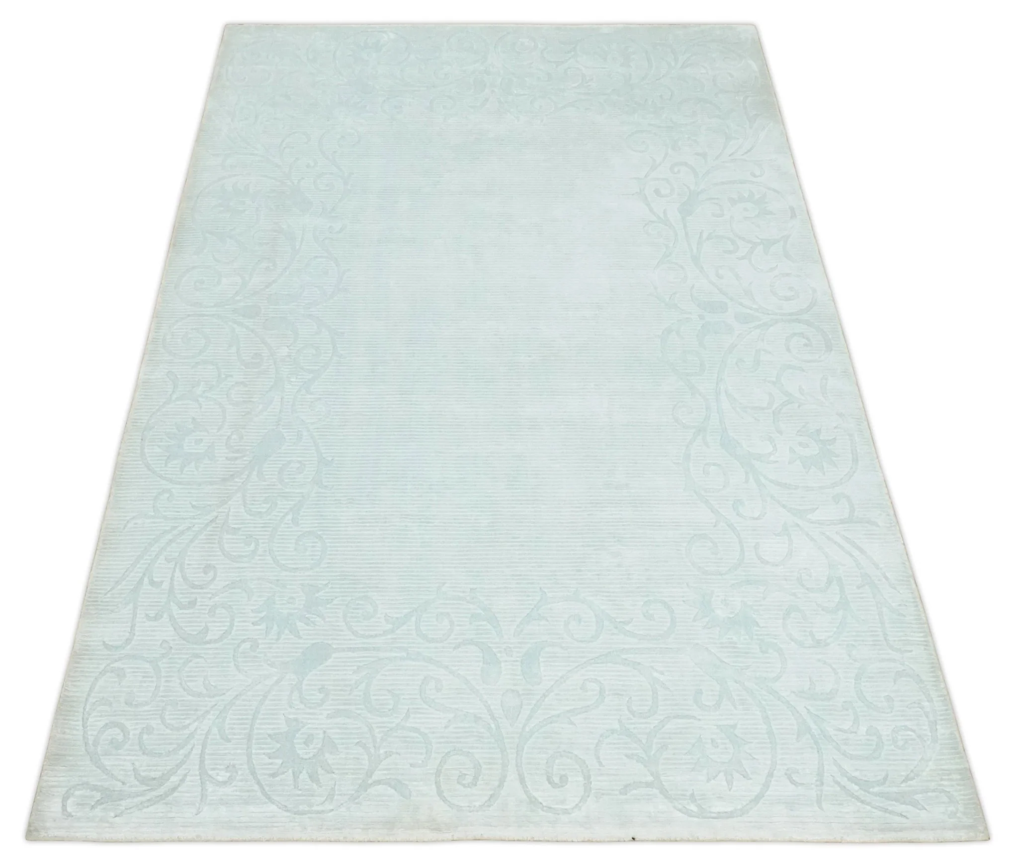 2.6x10 and 5x8 Hand Woven and Carved Silver and Gray Floral Art Silk Rug | KNT6 - Image 10