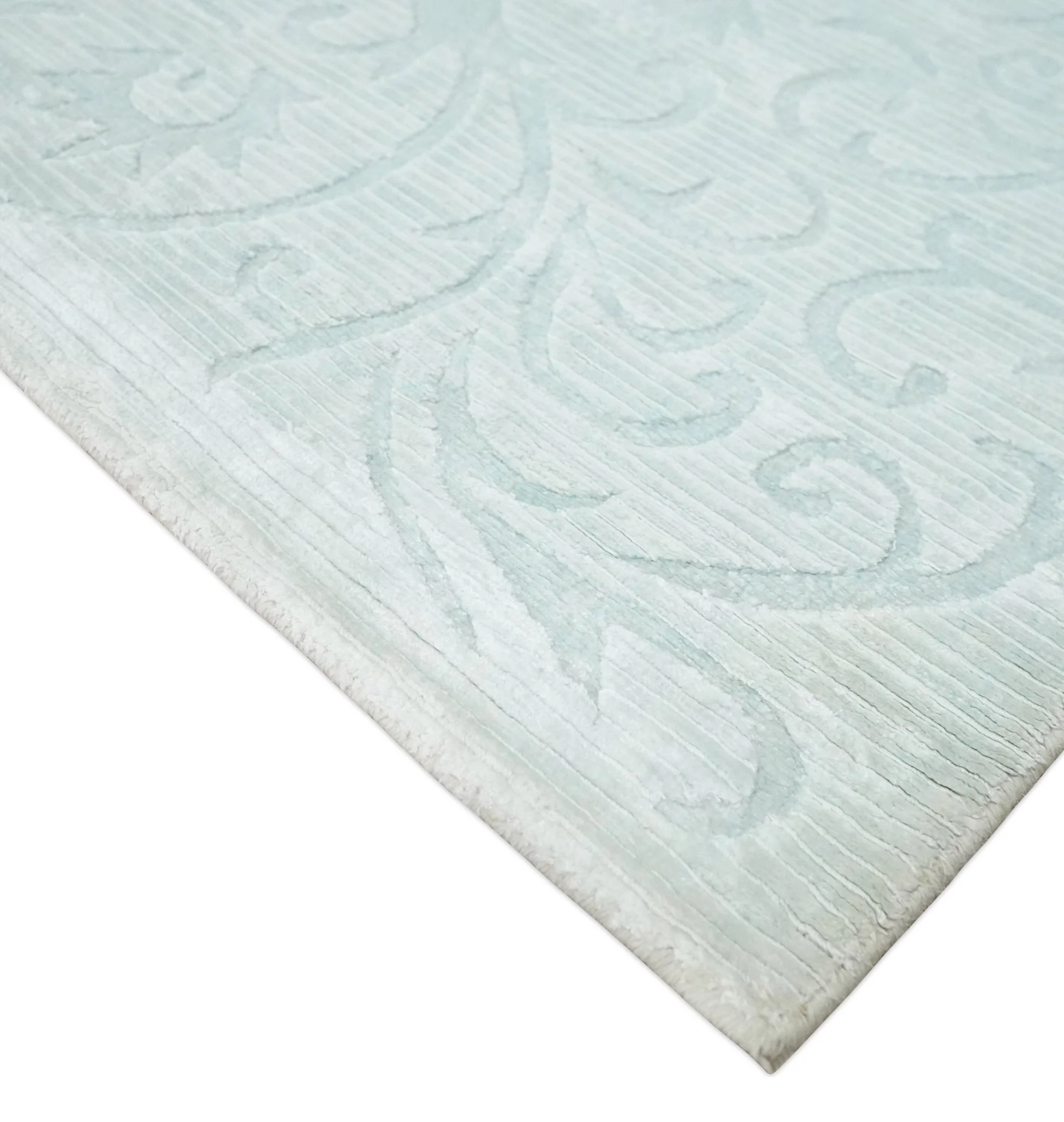 2.6x10 and 5x8 Hand Woven and Carved Silver and Gray Floral Art Silk Rug | KNT6 - Image 5