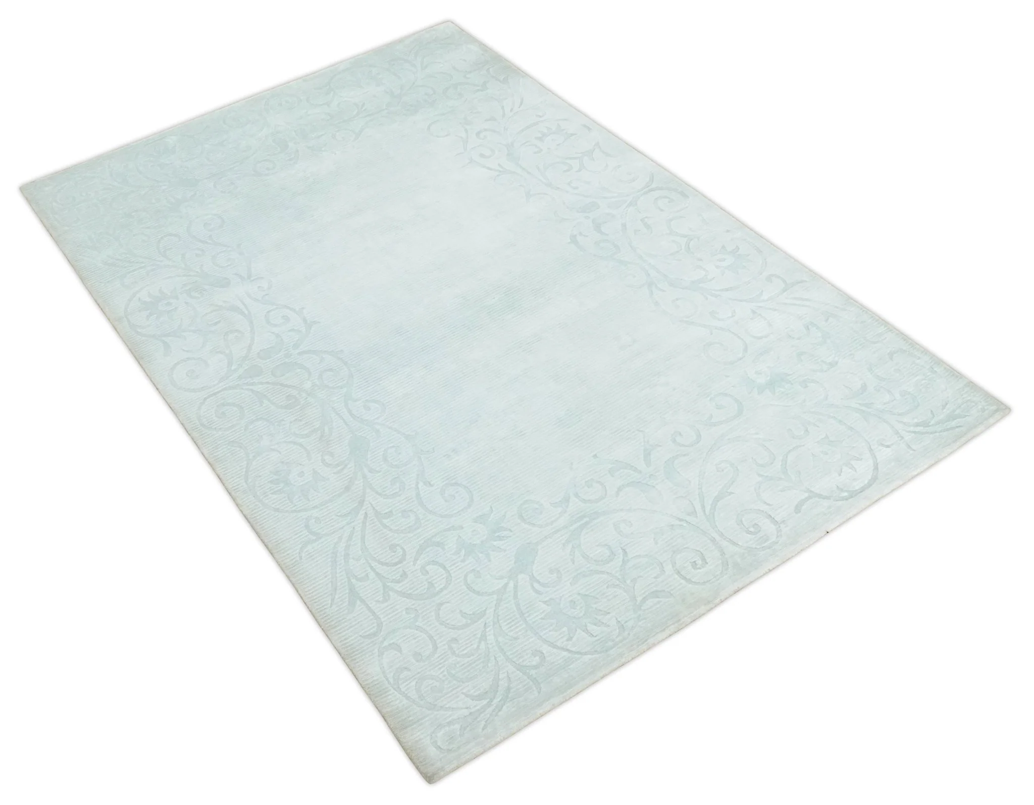 2.6x10 and 5x8 Hand Woven and Carved Silver and Gray Floral Art Silk Rug | KNT6 - Image 8