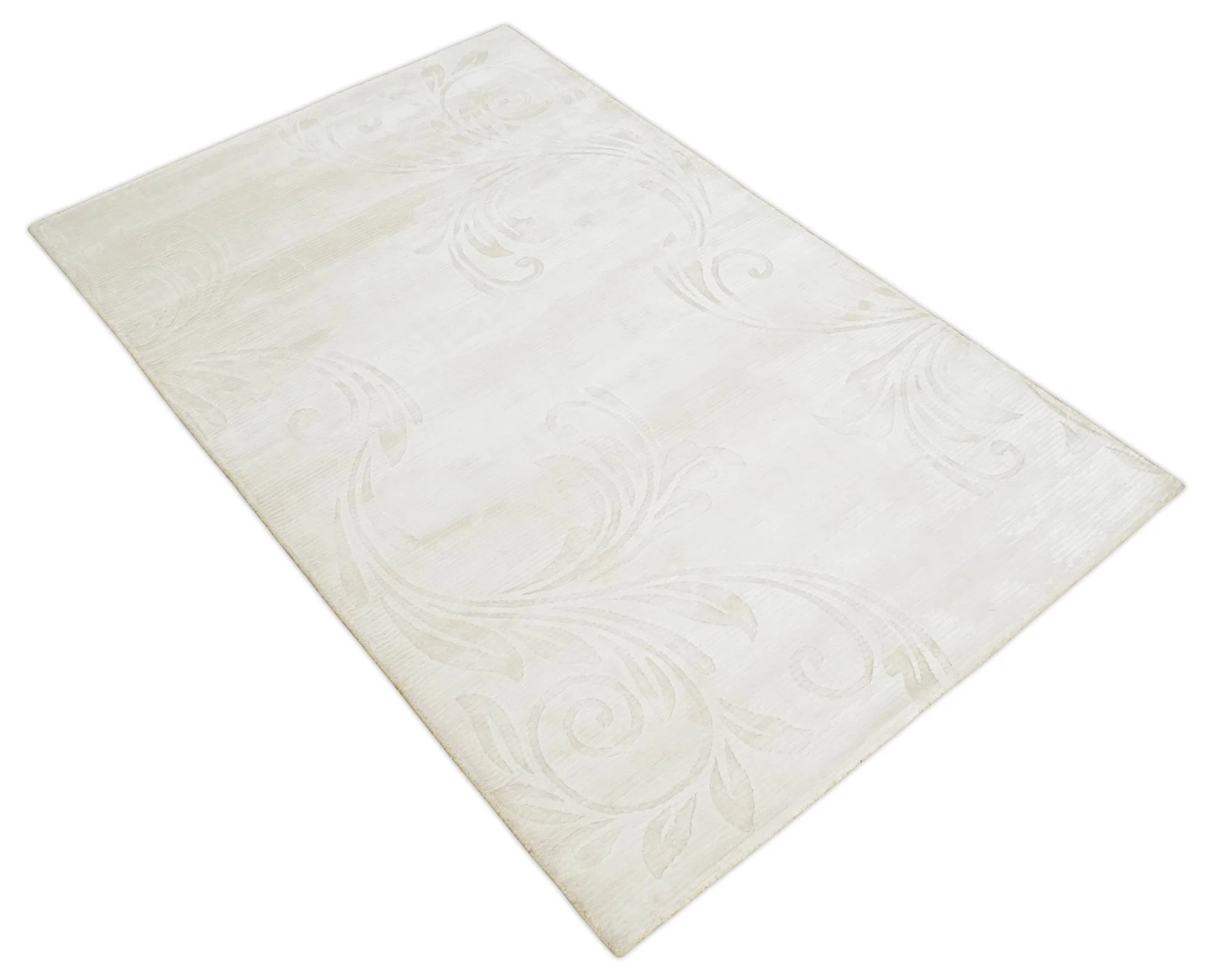 4x6 Hand Woven and Carved Silver and Ivory Floral Art Silk Rug | KNT5 - Image 10
