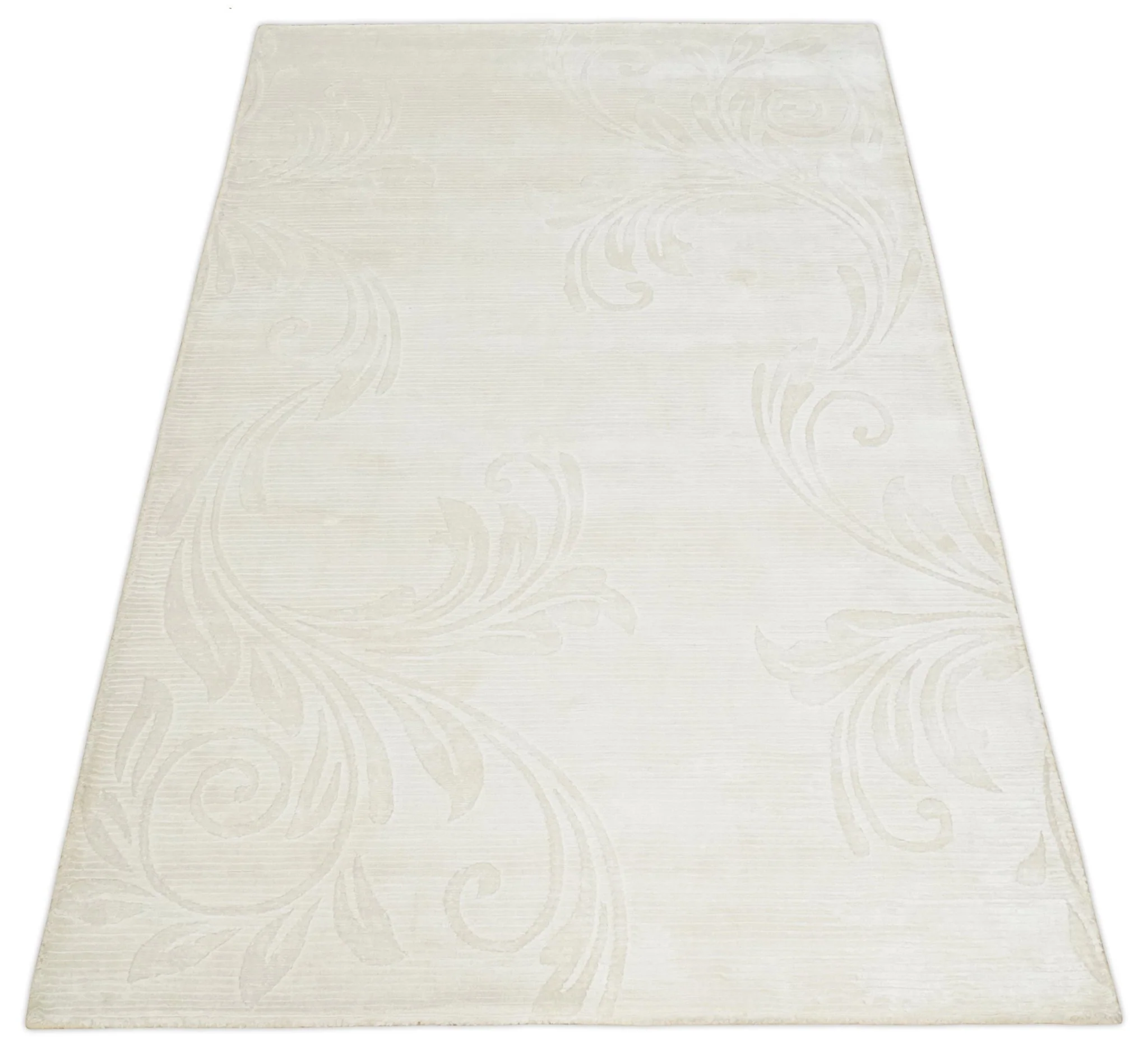 4x6 Hand Woven and Carved Silver and Ivory Floral Art Silk Rug | KNT5 - Image 11