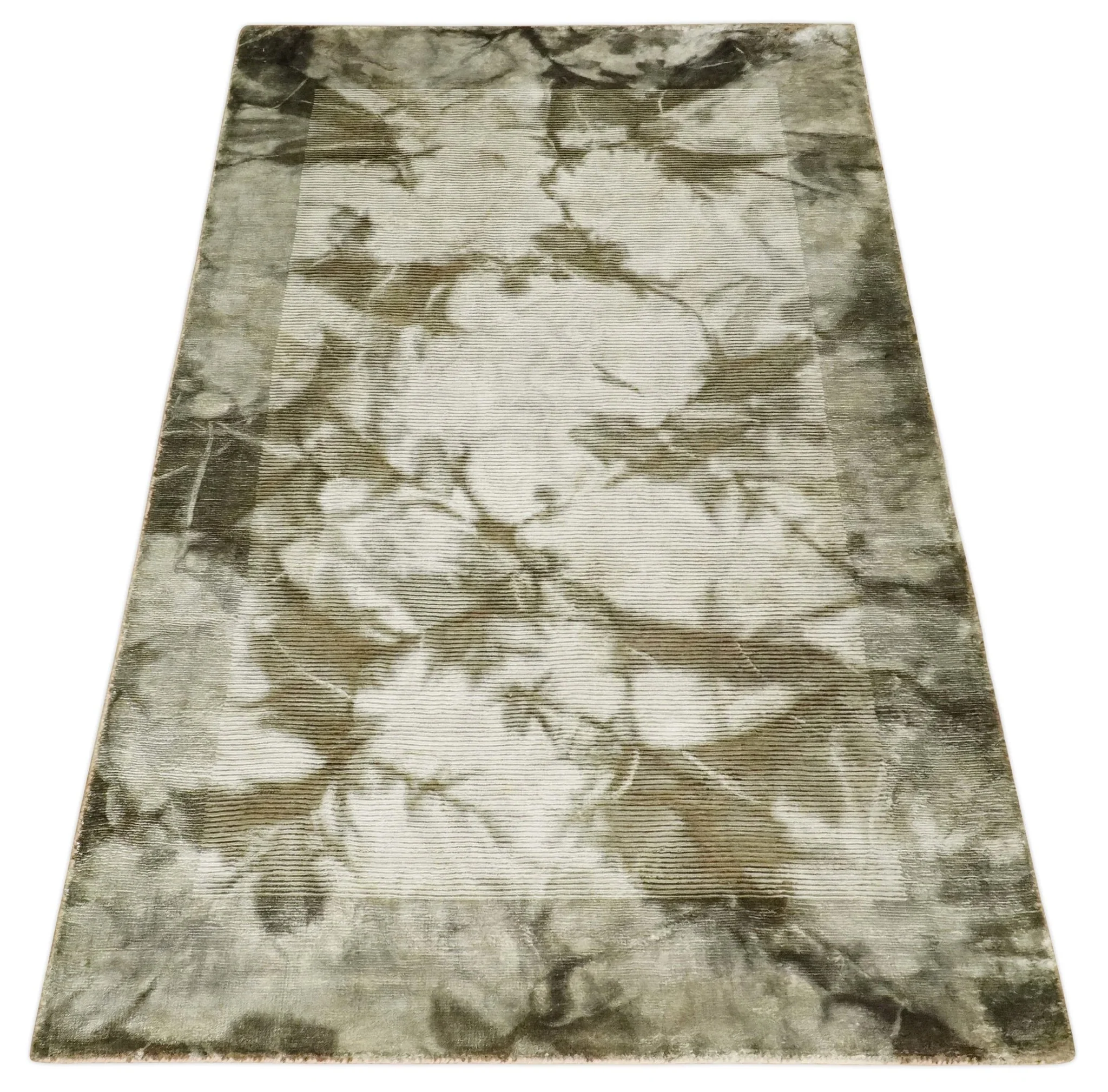 4x6 Modern Abstract Hand Woven Silver and Olive Art Silk Rug | KNT15 - Image 10
