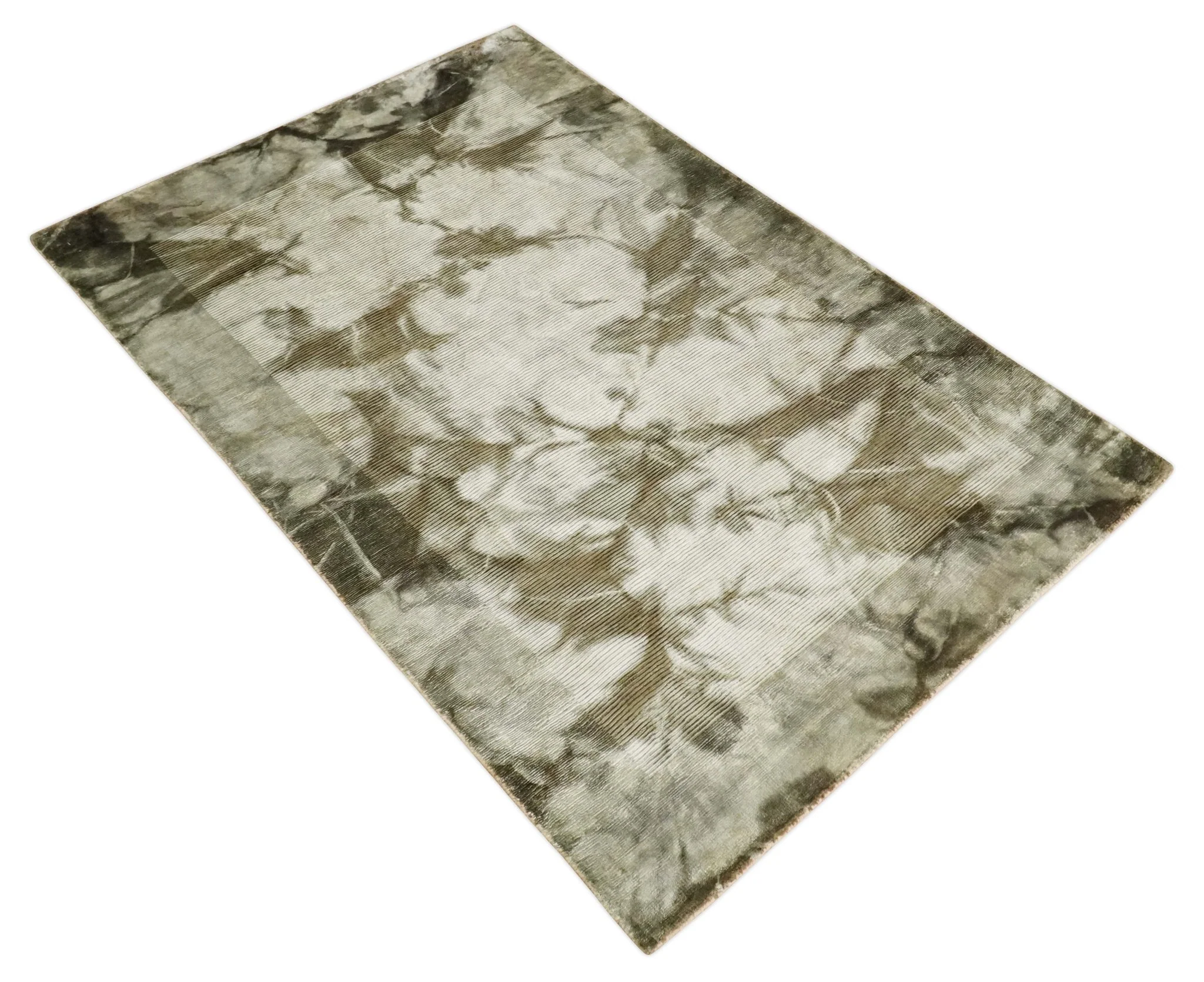 4x6 Modern Abstract Hand Woven Silver and Olive Art Silk Rug | KNT15 - Image 9