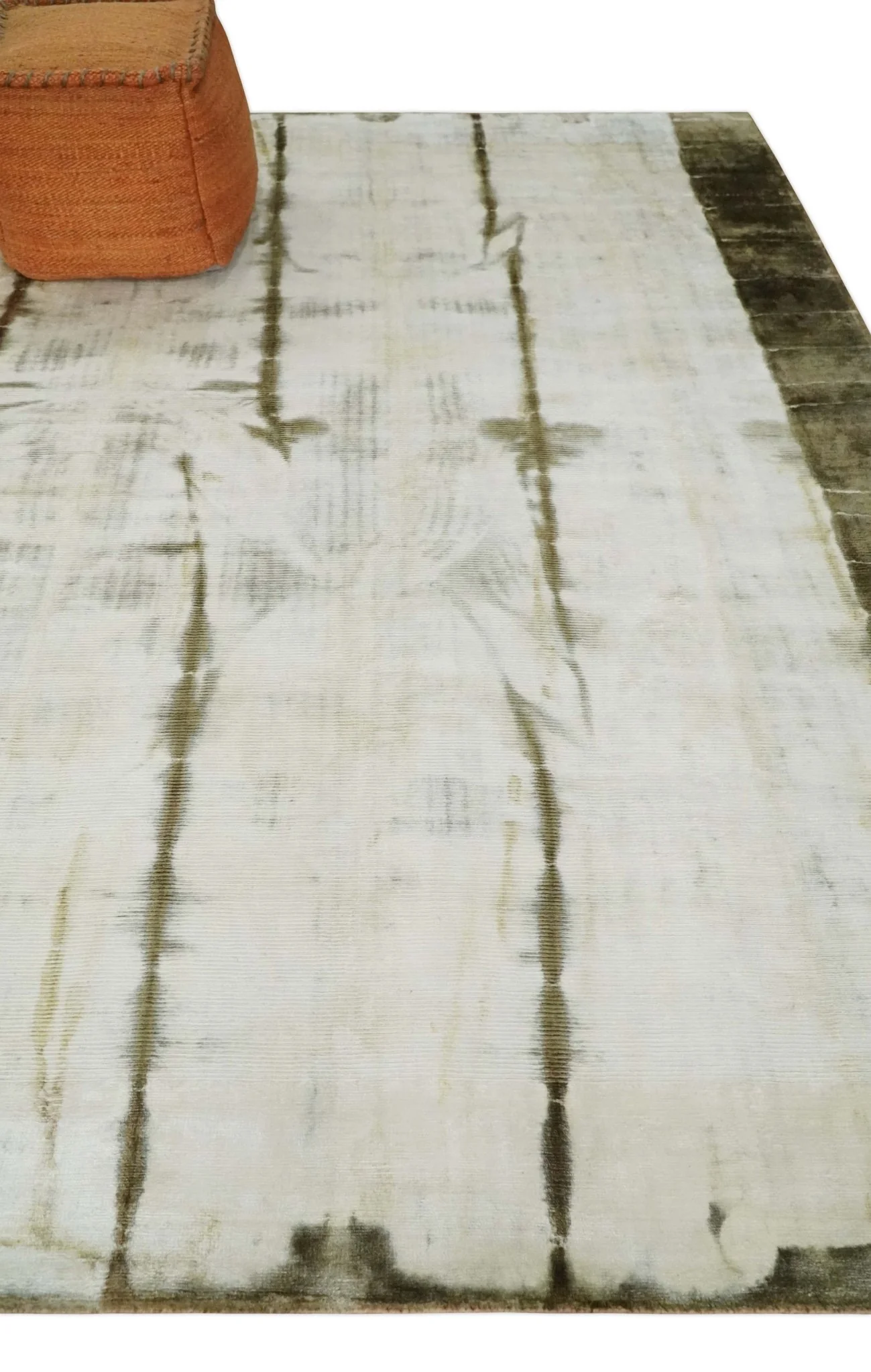 Olive and ivory 6x9 Modern Abstract Hand Woven Art Silk Rug | KNT1 - Image 3