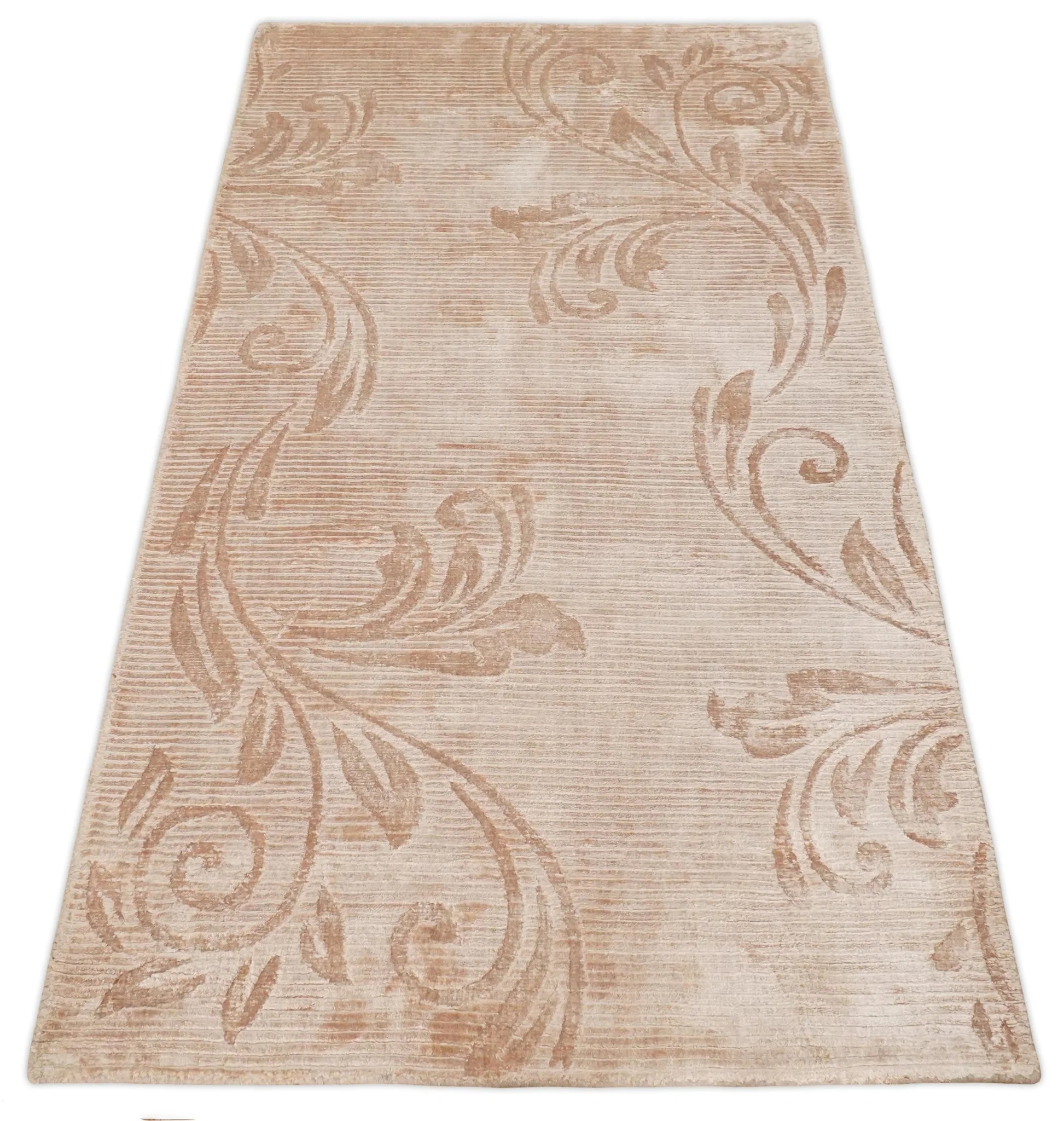 3x5 Hand Woven and Carved Beige and Peach Floral Art Silk Rug | KNT12 - Image 6