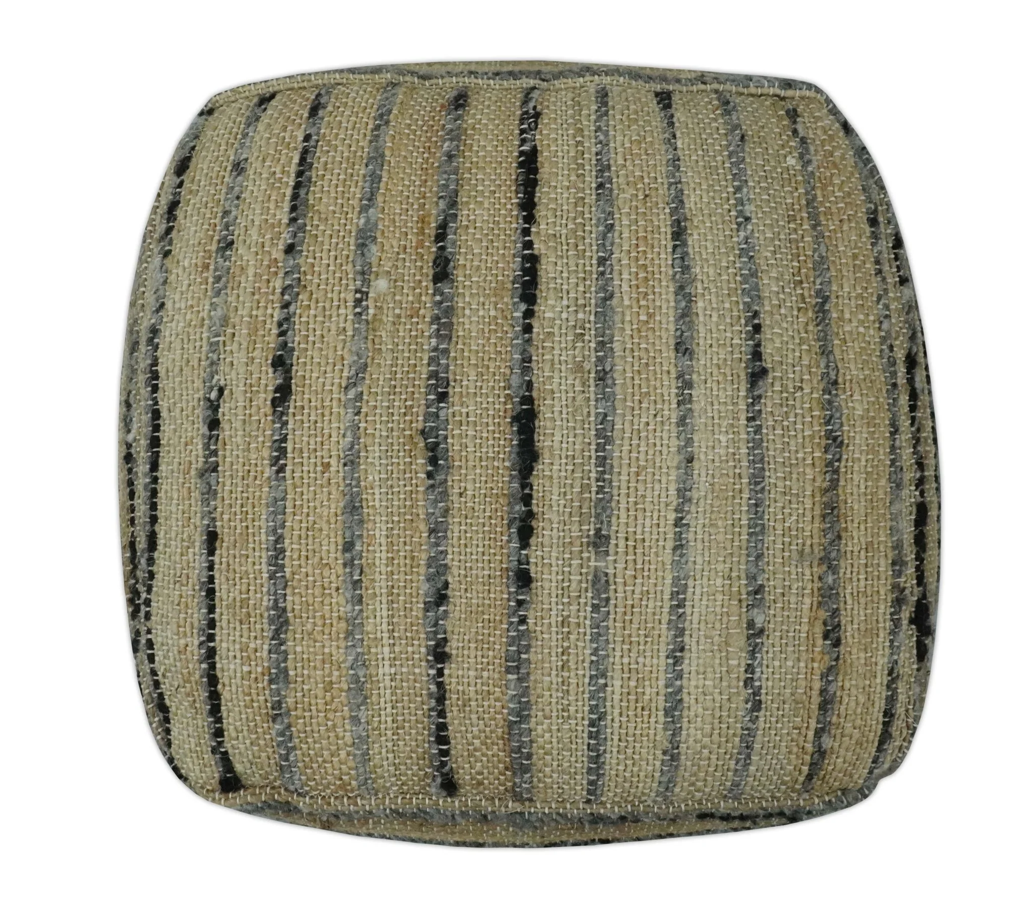 Hand Woven Beige and Charcoal Stripes Design Jute Pouf - Image 3