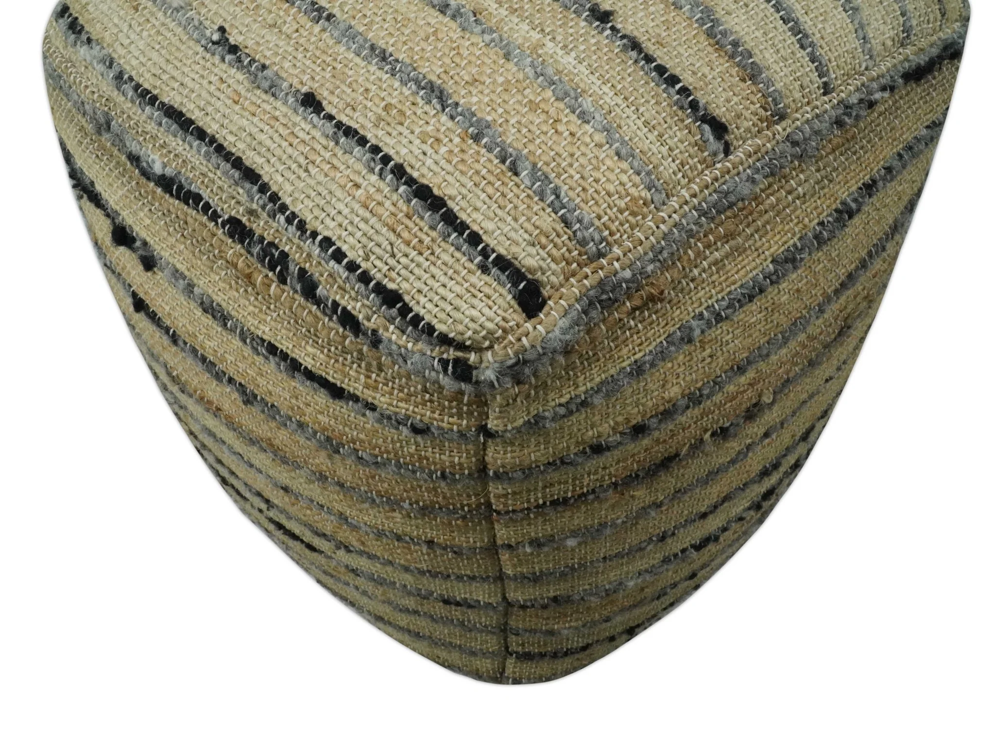 Hand Woven Beige and Charcoal Stripes Design Jute Pouf - Image 4