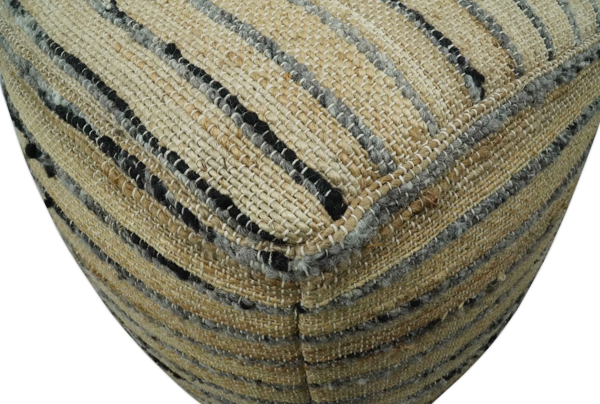 Hand Woven Beige and Charcoal Stripes Design Jute Pouf - Image 5