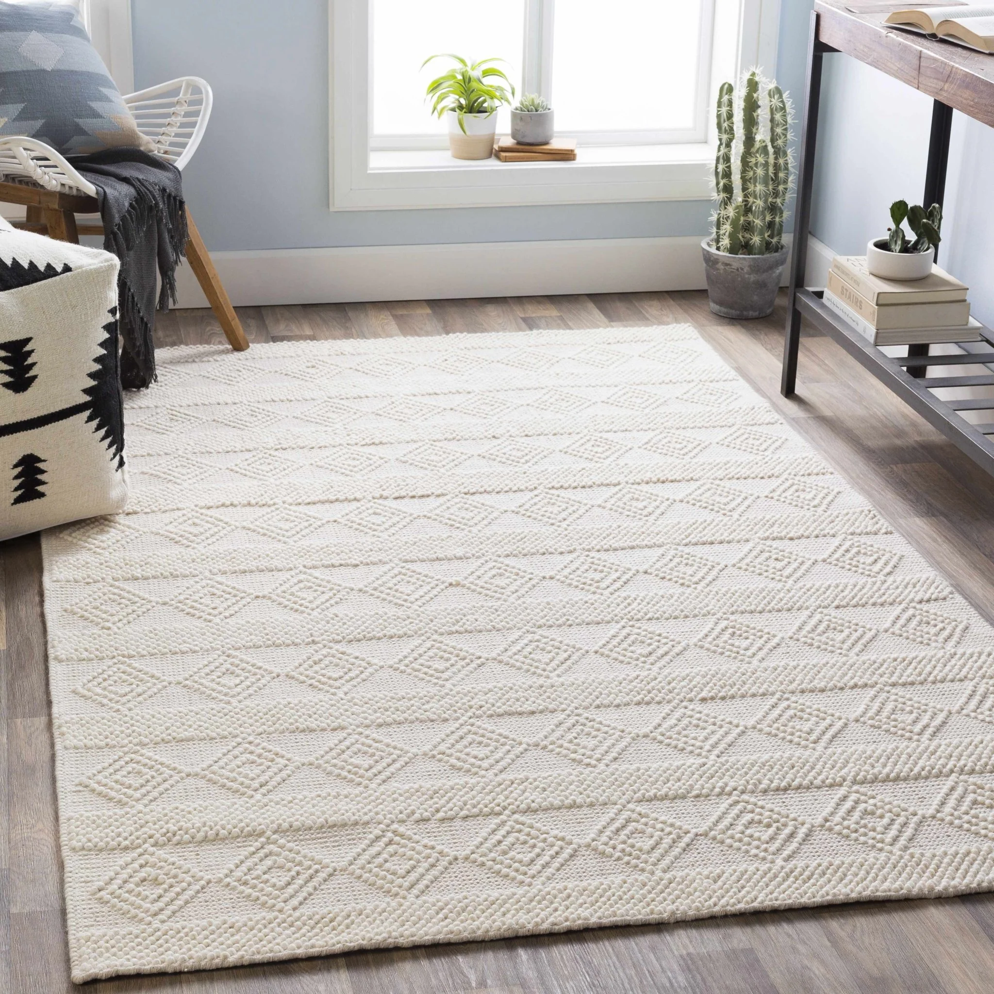 Bohemian Hand Woven Beige Geometrical Textured Wool Area Rug - Image 15