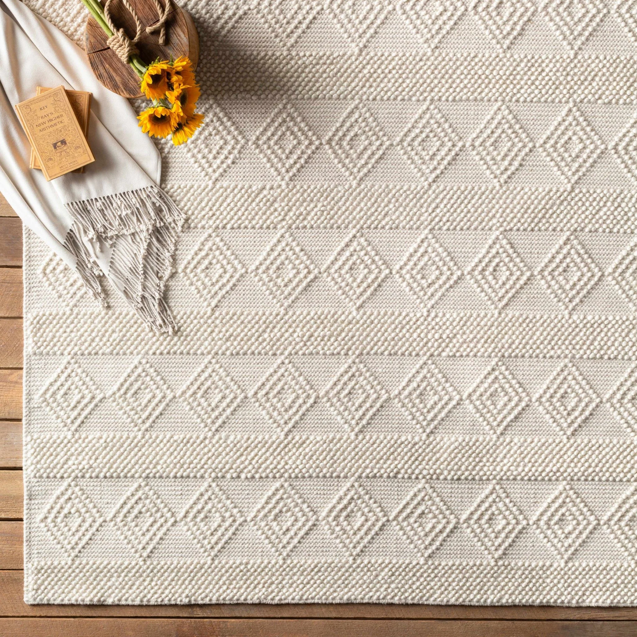 Bohemian Hand Woven Beige Geometrical Textured Wool Area Rug - Image 3