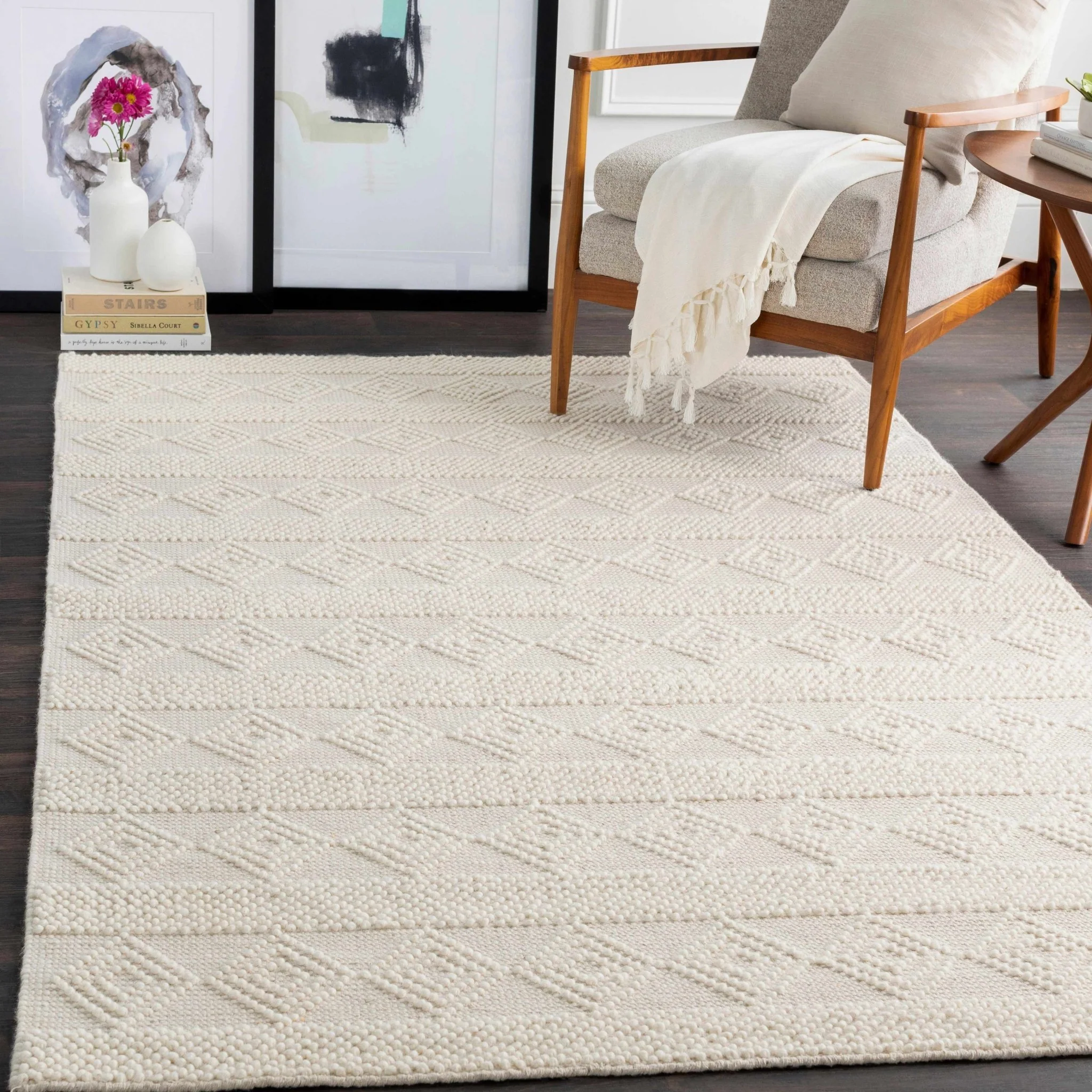 Bohemian Hand Woven Beige Geometrical Textured Wool Area Rug - Image 6